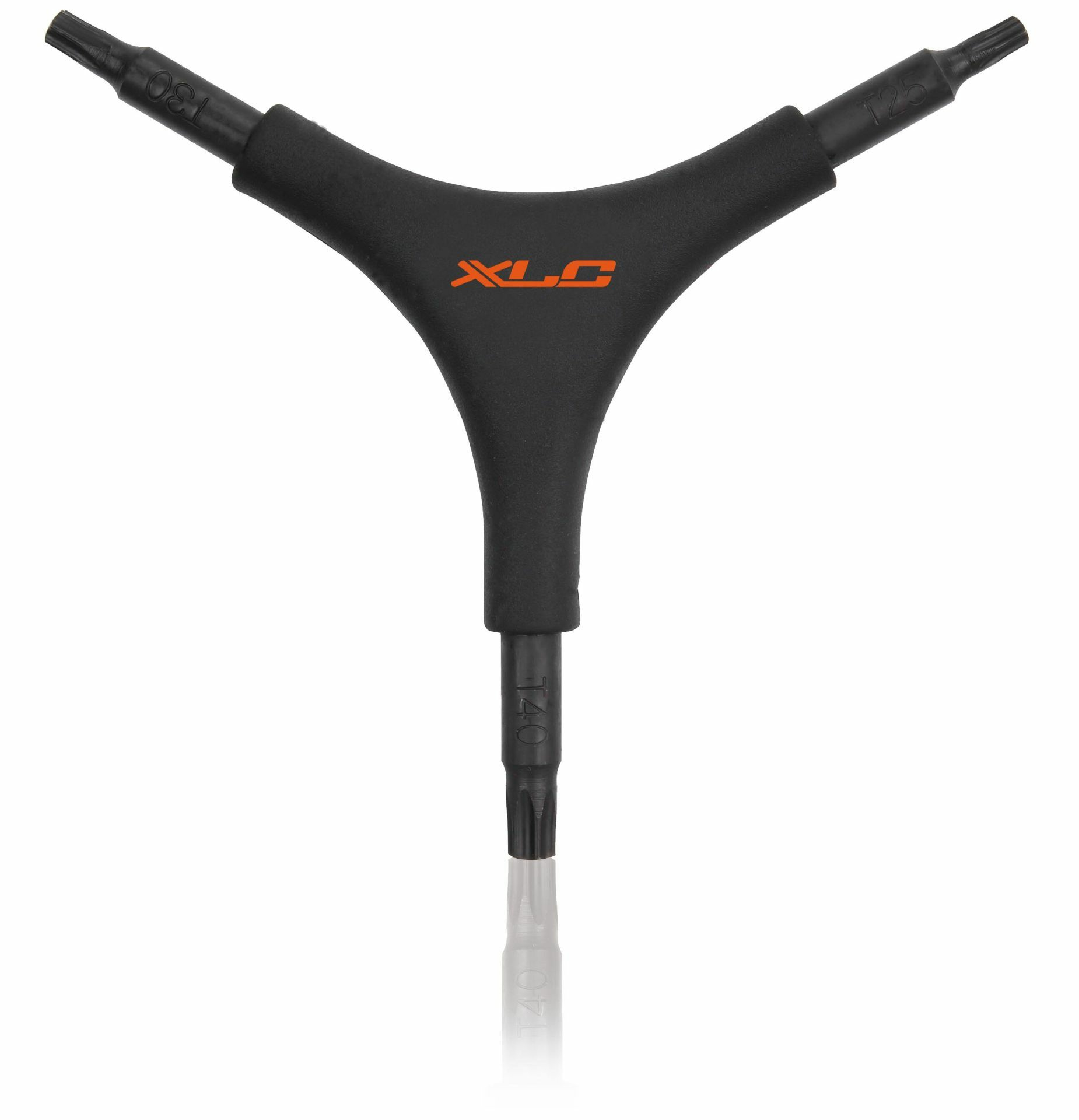 Czarny narzędzie rowerowe w kształcie litery Y. Marka XLC w pomarańczowych literach. Trzy ramiona do różnych rozmiarów.