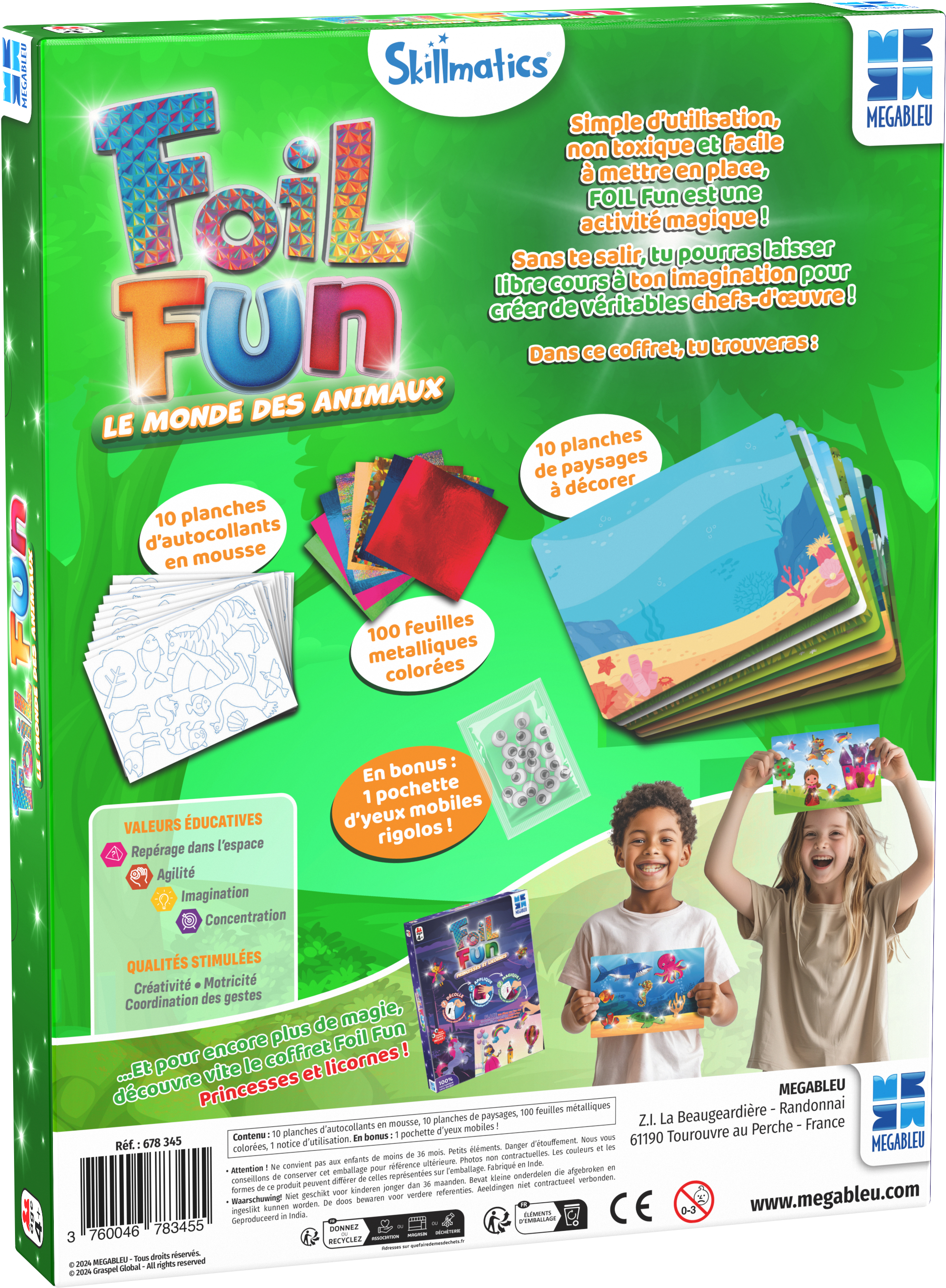 Tył pudełka z zestawem rzemieślniczym. Pokazuje zawartość, instrukcje i zdjęcia dzieci podczas tworzenia.