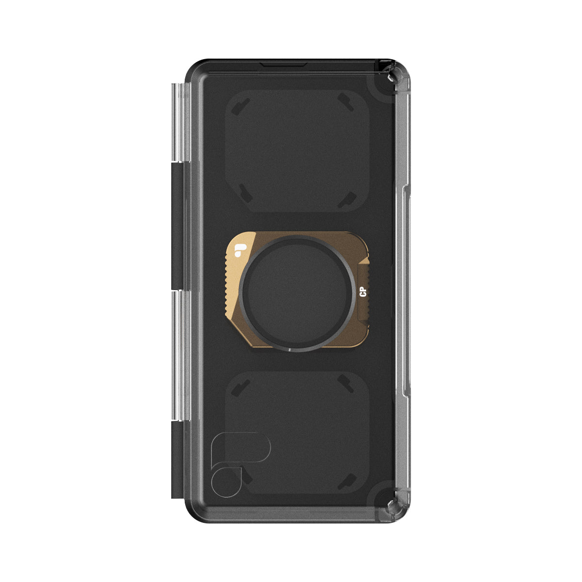 Czarne etui na telefon ze złotym okręgiem. Przezroczyste boki. Trzy kwadraty z tyłu. Białe tło.