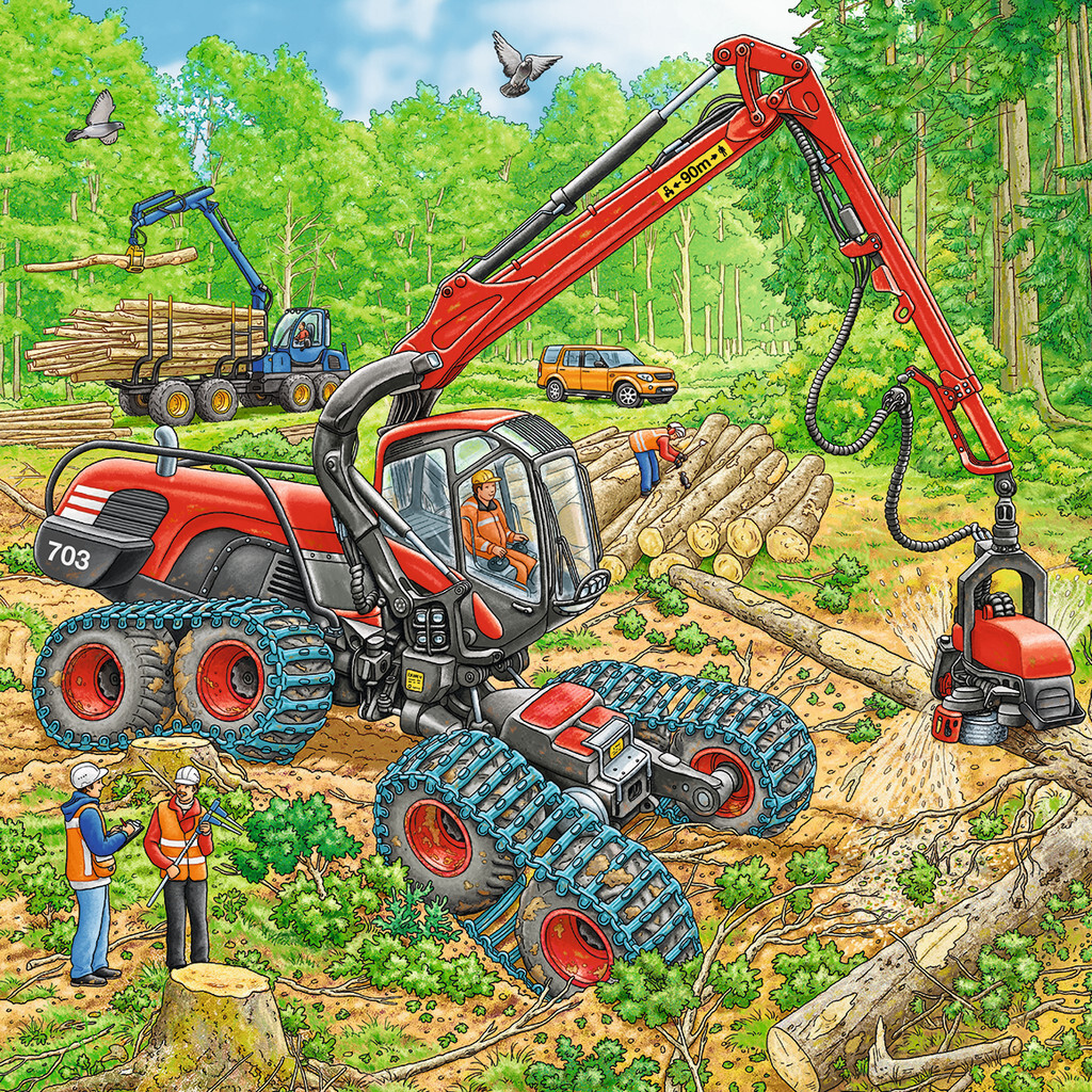 Un'illustrazione dettagliata di una foresta con una macchina per l'abbattimento, operai e tronchi.