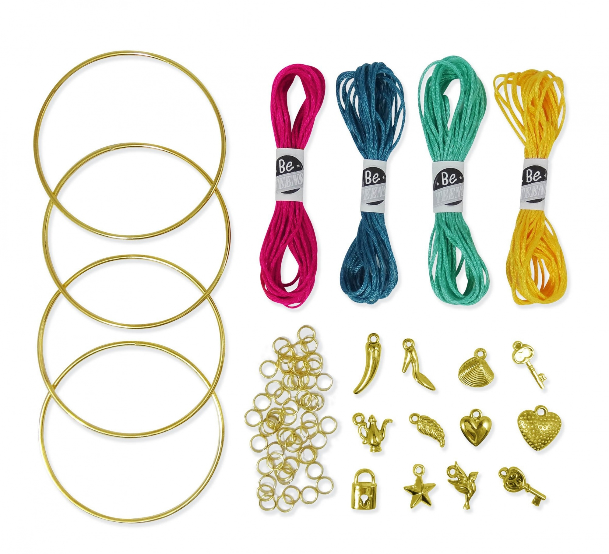 Zestaw do rękodzieła ze złotymi obręczami, kolorowymi nićmi i zawieszkami, w tym kluczykami.
