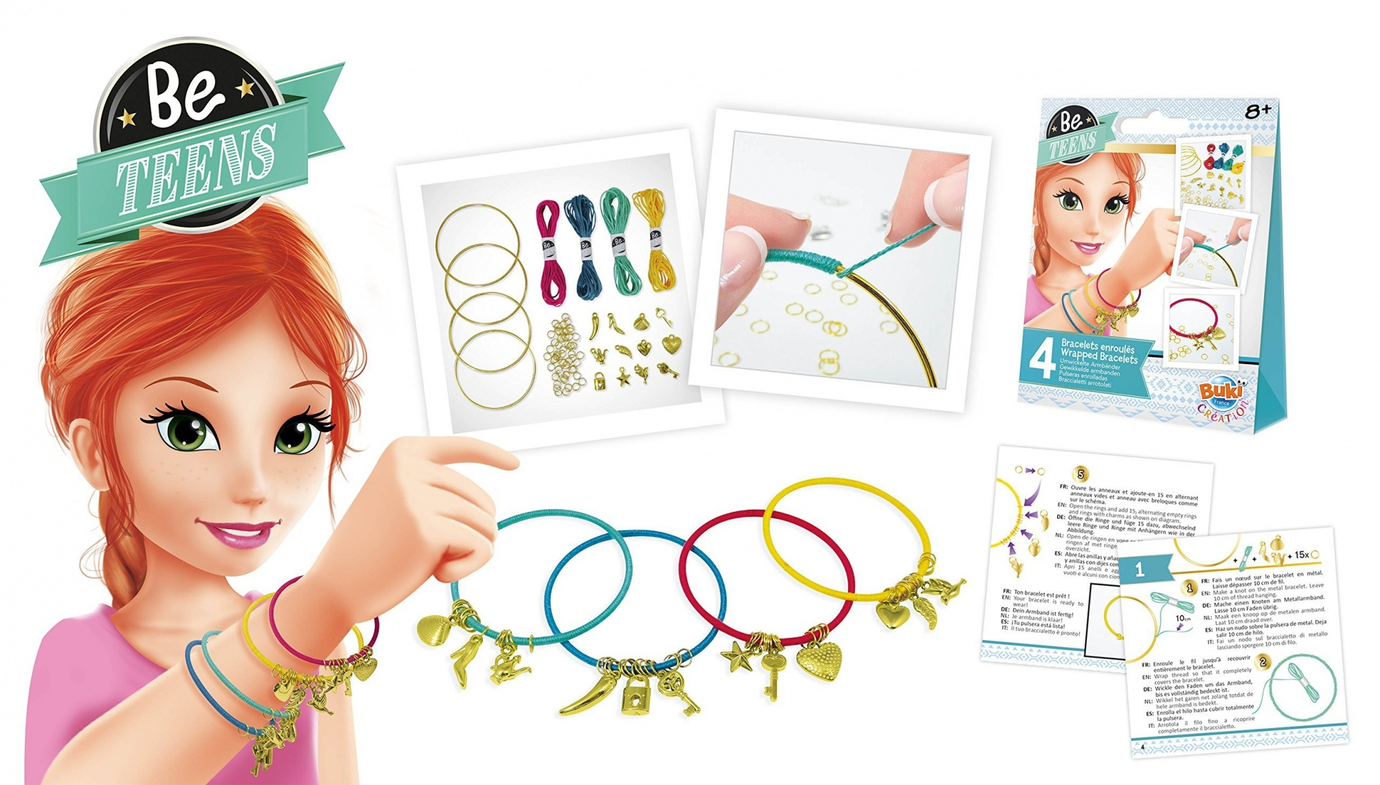 Zestaw do robienia bransoletek Be Teens, z dziewczyną, zawieszkami i instrukcjami, dla wieku 8+.