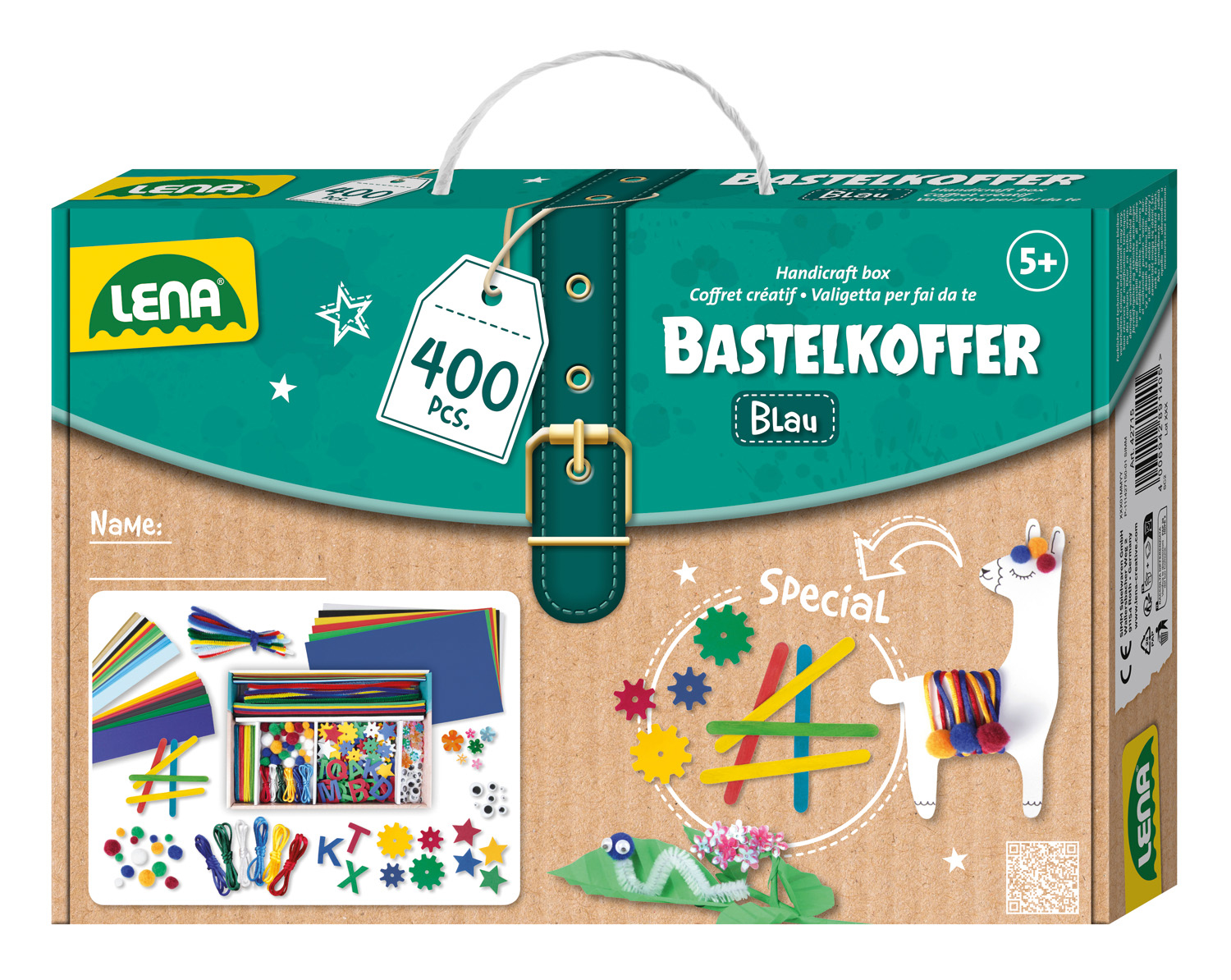 Pudełko z zestawem do rękodzieła z ilustracją lamy, materiałami do rękodzieła i napisem „Handicraft Box”. Zawiera 400 elementów.