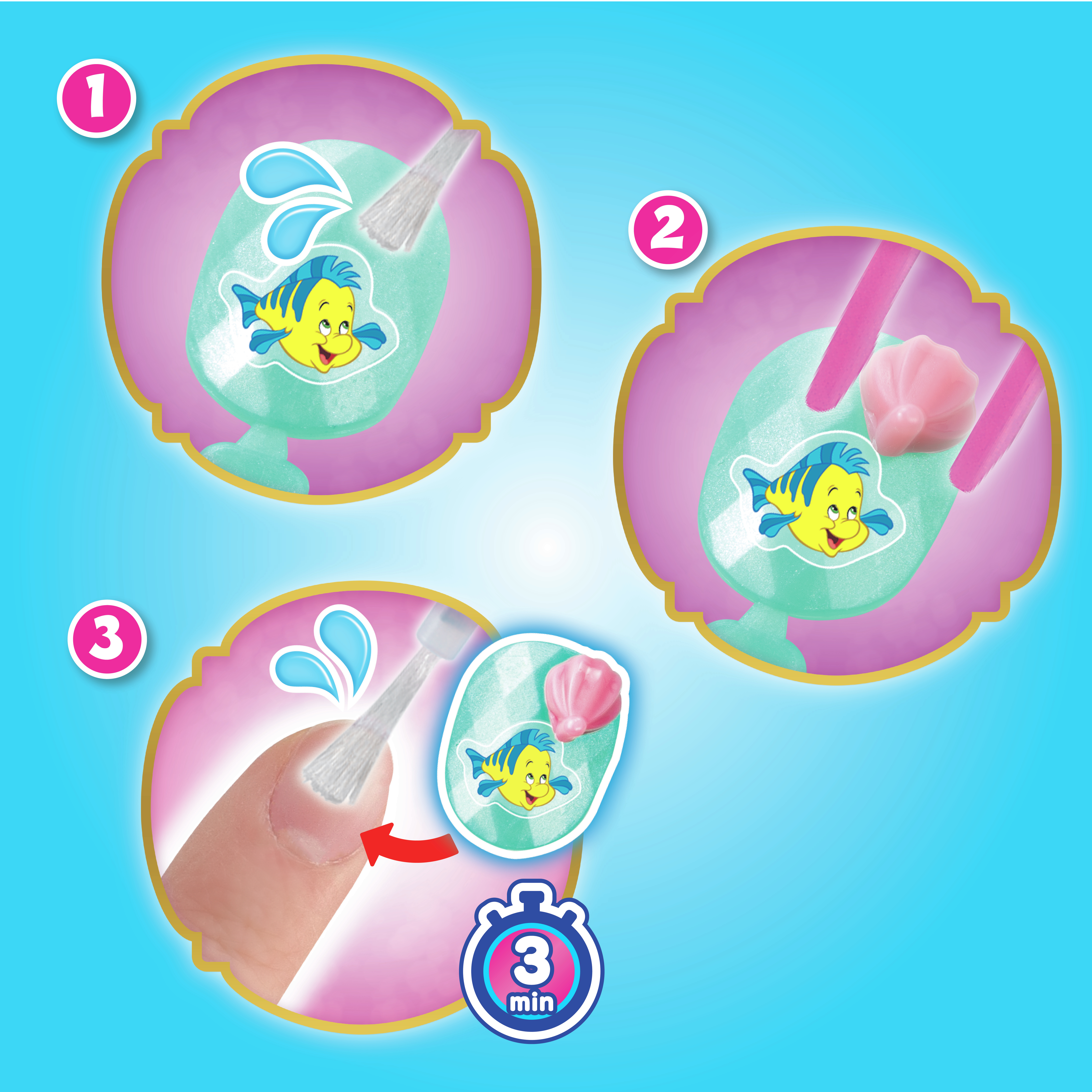 Przewodnik krok po kroku ilustruje zdobienie paznokci z Florkiem z Małej Syrenki, pokazując etapy aplikacji.