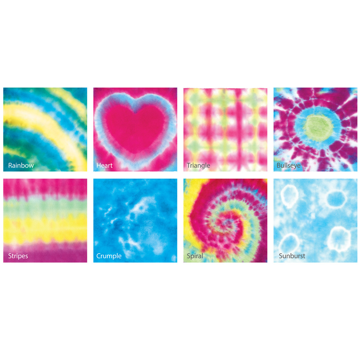 Osiem kolorowych próbek wzorów tie-dye oznaczonych nazwami takimi jak 'Tęcza', 'Serce' i 'Spirala'.
