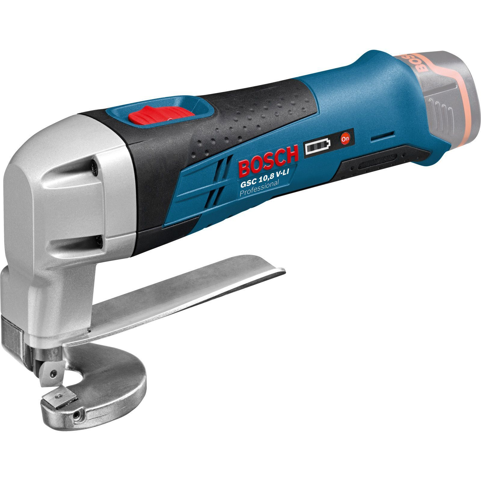 Una cesoia elettrica Bosch argento e blu, posizionata su una superficie bianca. L'utensile ha un pulsante rosso.