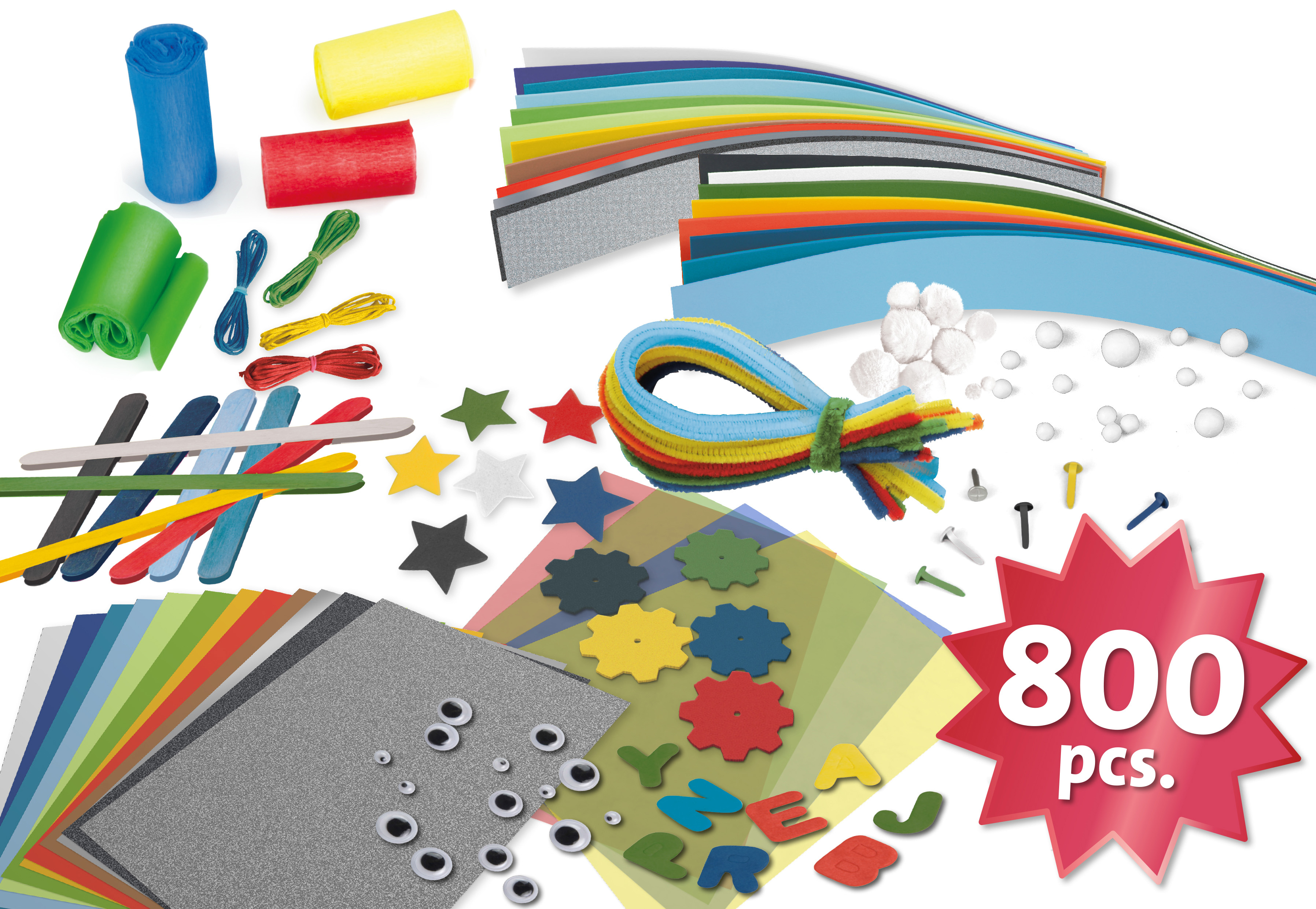 Bastelset mit verschiedenen Materialien: farbiges Papier, Pfeifenreiniger, Sterne, Perlen und anderes Bastelzubehör.