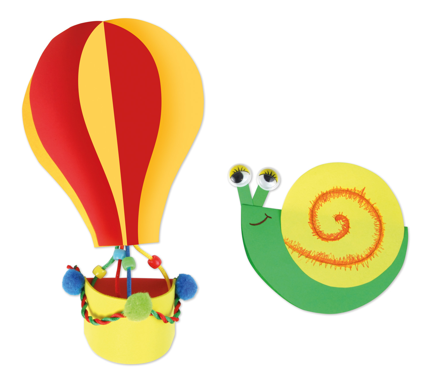 Bastelartikel: ein gelb-roter Heißluftballon und eine grüne Schnecke mit gelbem Gehäuse.