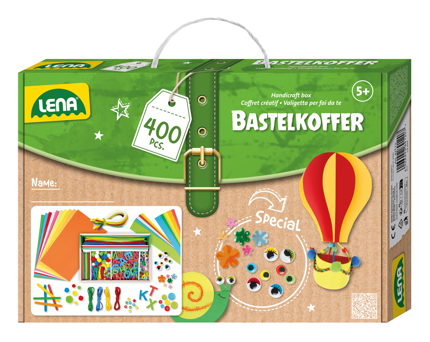 Eine Bastelbox mit verschiedenen Bastelmaterialien, einschließlich Papier, Perlen und Kleber.