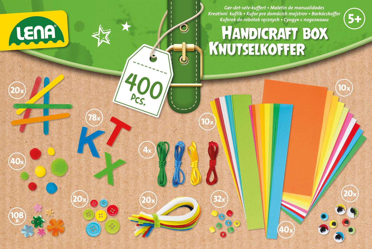 Bastelbox: Verschiedene Bastelmaterialien, darunter Papier, Knöpfe, Perlen und Formen, mit Etiketten.