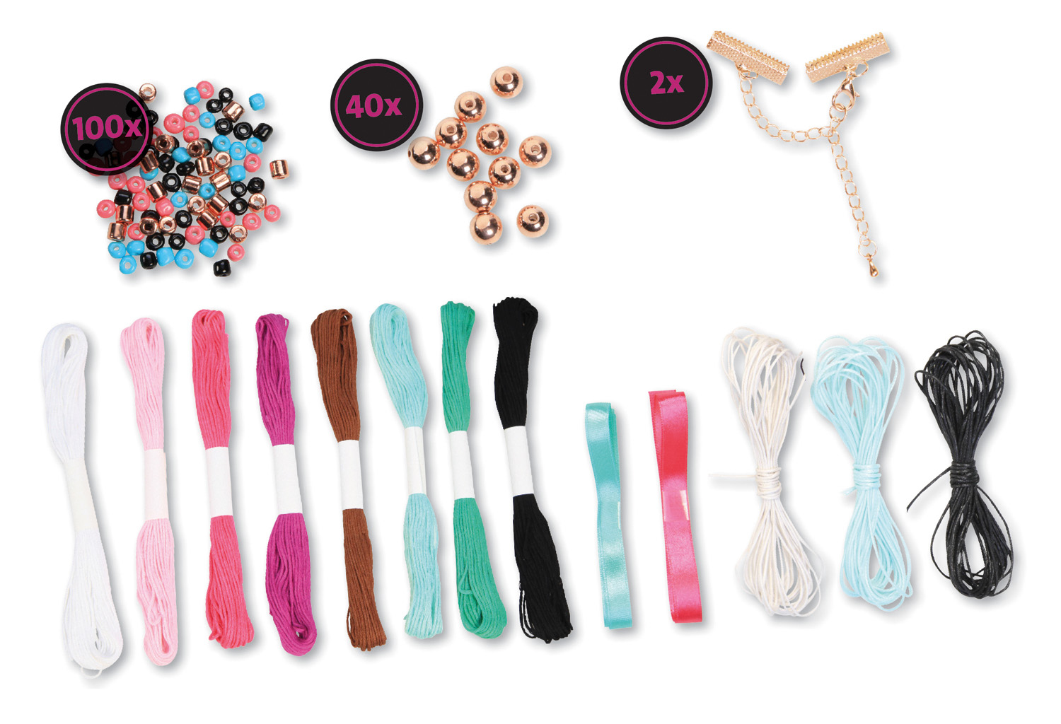 Koraliki, nici i zapięcia. Zawiera różowe, czarne, niebieskie i białe sznurki. Złote zapięcia i miedziane koraliki są wliczone.