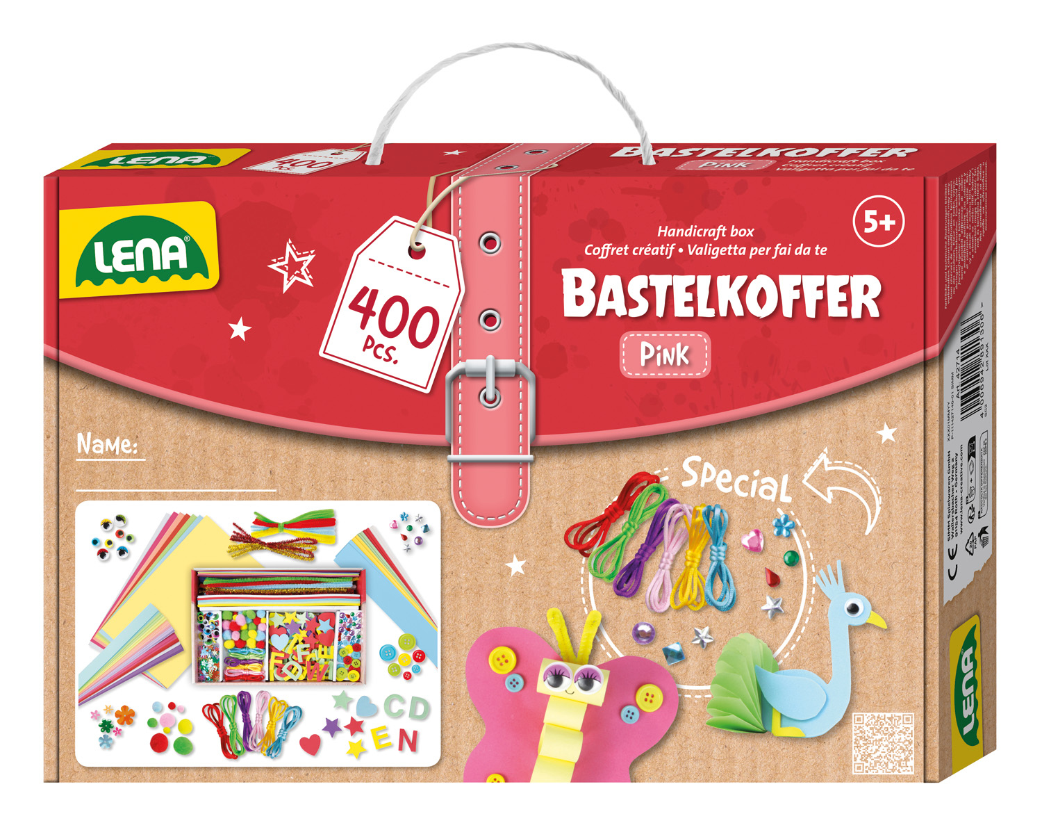 Rosa Bastelkoffer mit Griff. Mit Etikett 400 Teile. Enthält Bastelmaterialien und ein Schmetterlingsdesign.