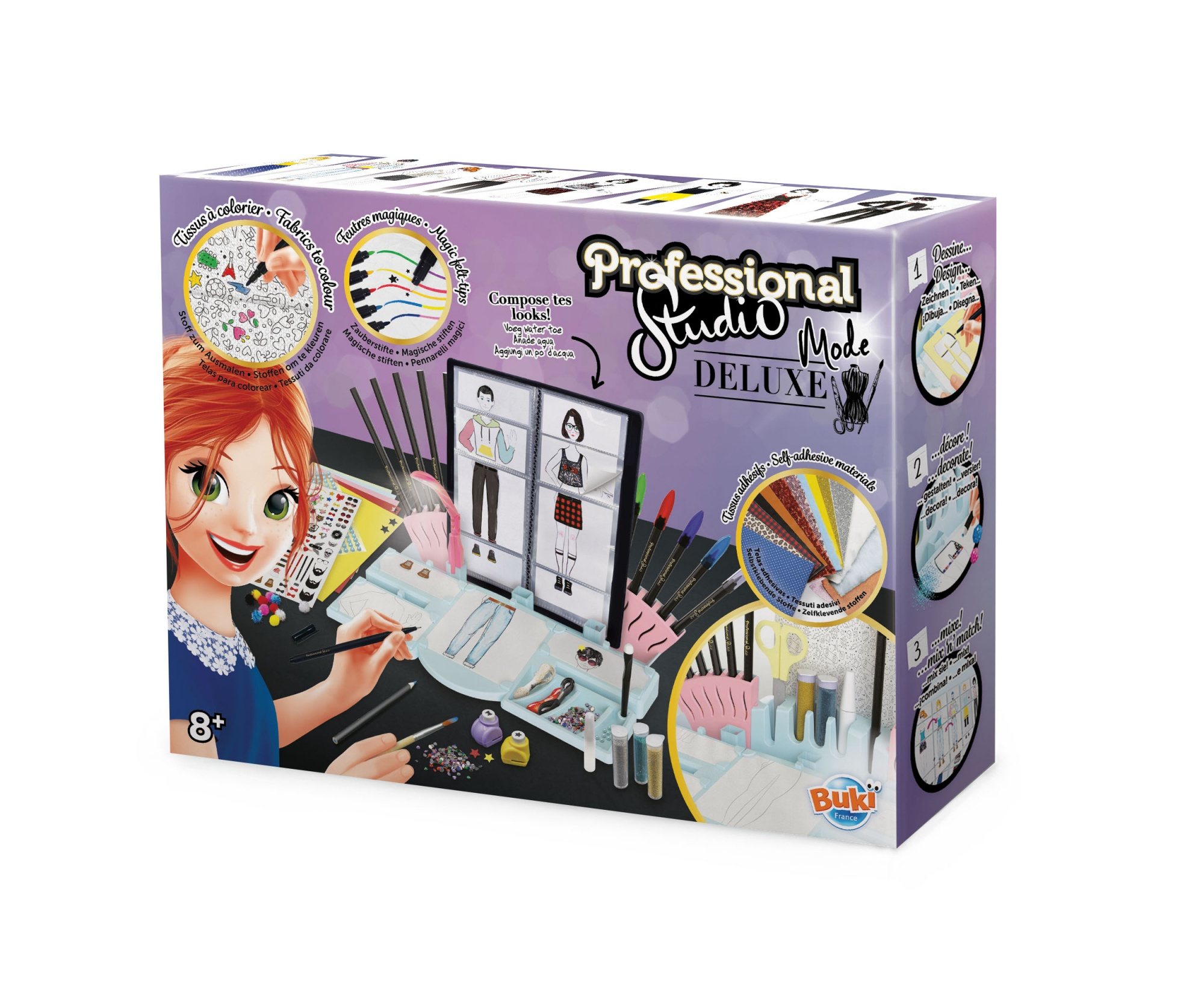 Zestaw Deluxe Studio Mode z dziewczyną, materiałami plastycznymi i szablonami projektowania mody. Pudełko jest biało-fioletowe.