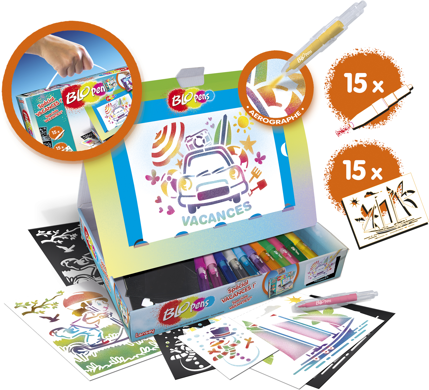 Pudełko Biopens z szablonami. Pudełko przedstawia ilustrację samochodu na plaży.