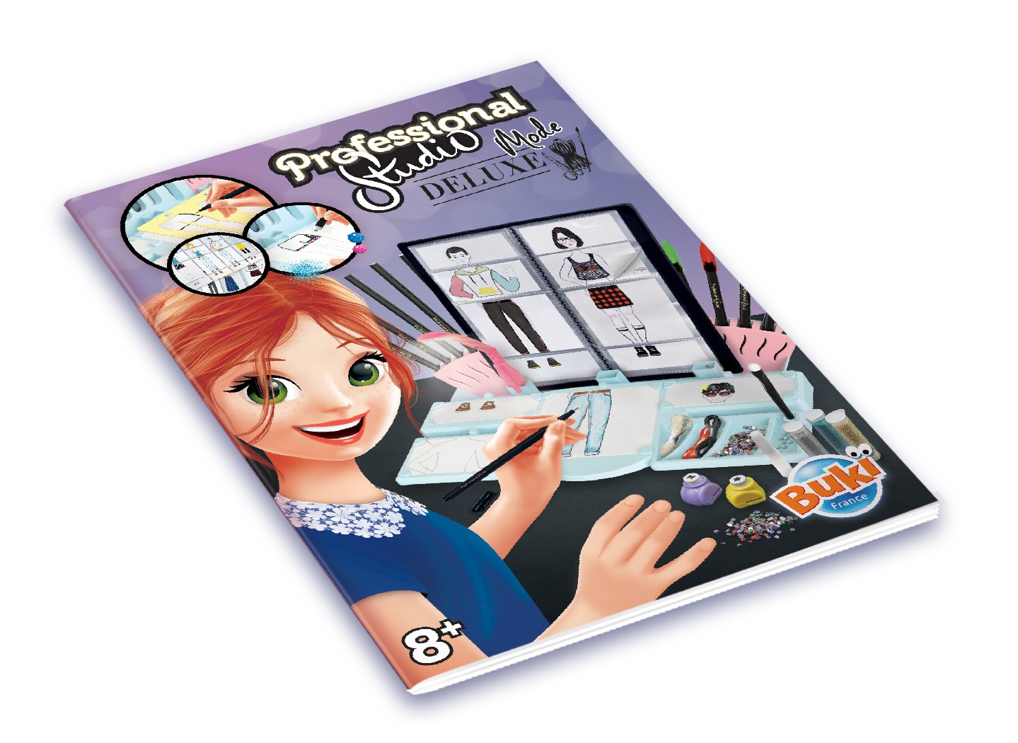 Książka projektowa 'Professional Studio Deluxe'. Okładka przedstawia dziewczynę rysującą projekty mody.