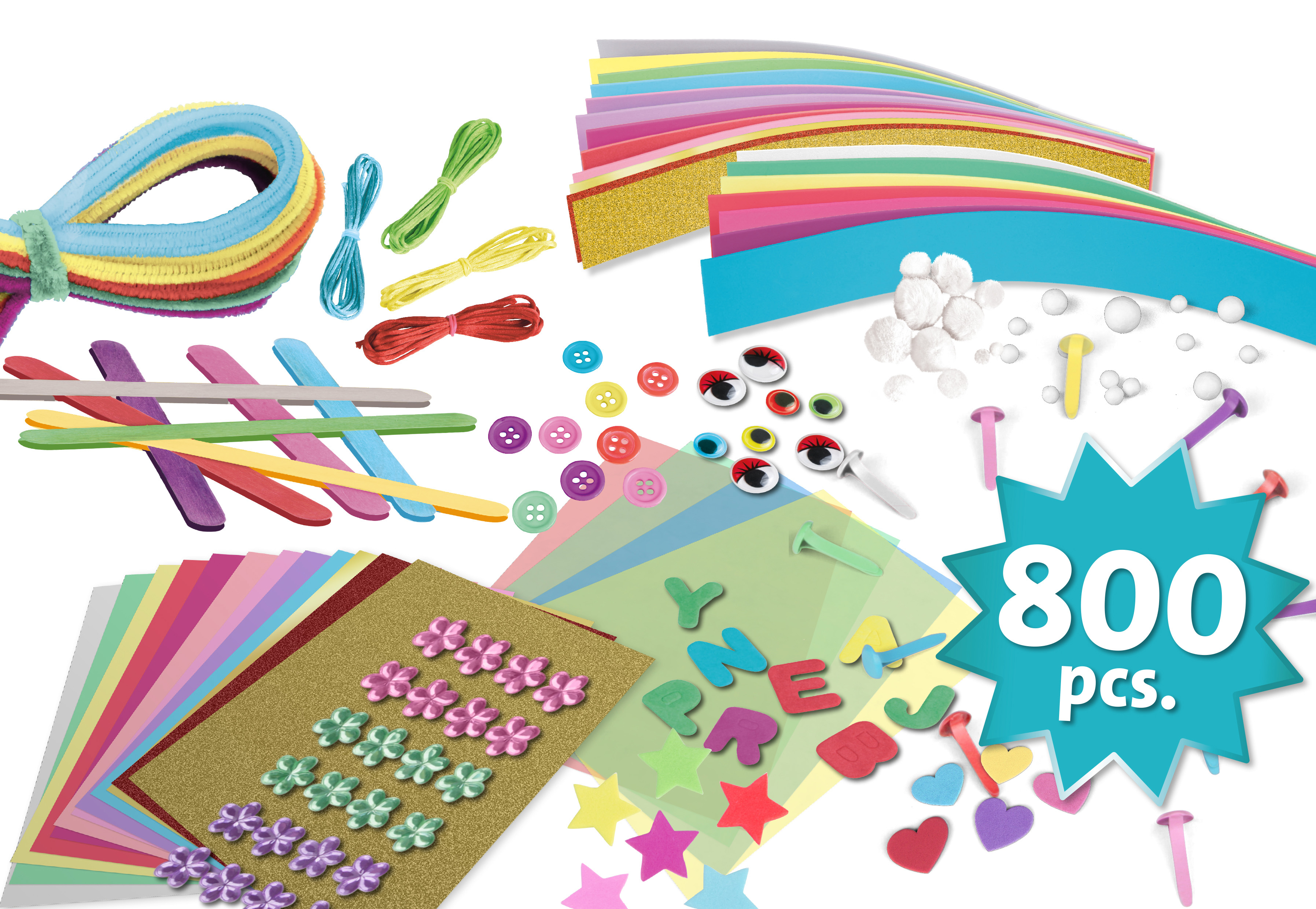Zestaw do rękodzieła z kolorowym papierem, drucikami kreatywnymi, oczkami, guzikami i innymi materiałami. Białe tło.