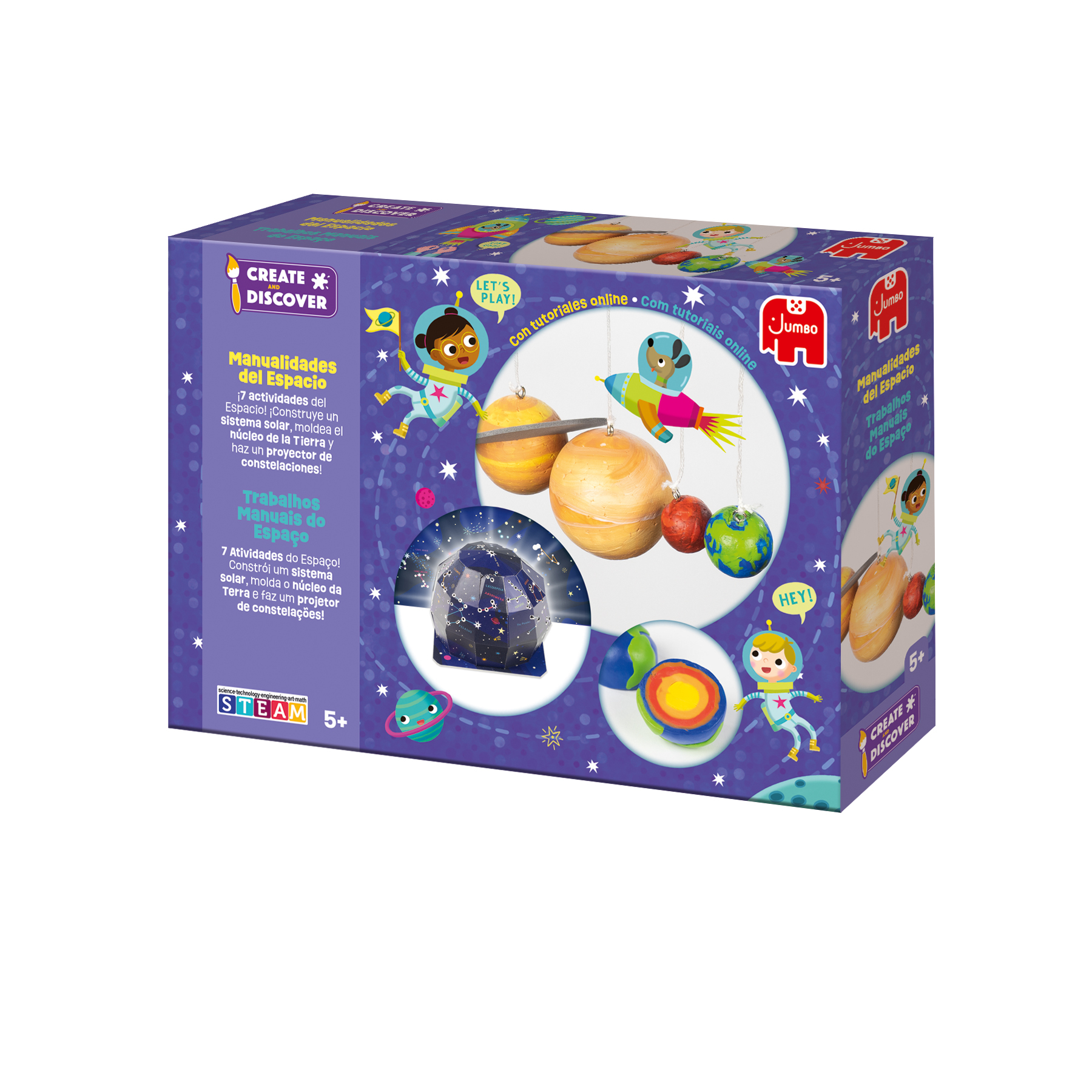 Caja con kit de manualidades con temática espacial. Incluye modelos de planetas y una cúpula estrellada. Fondo blanco.
