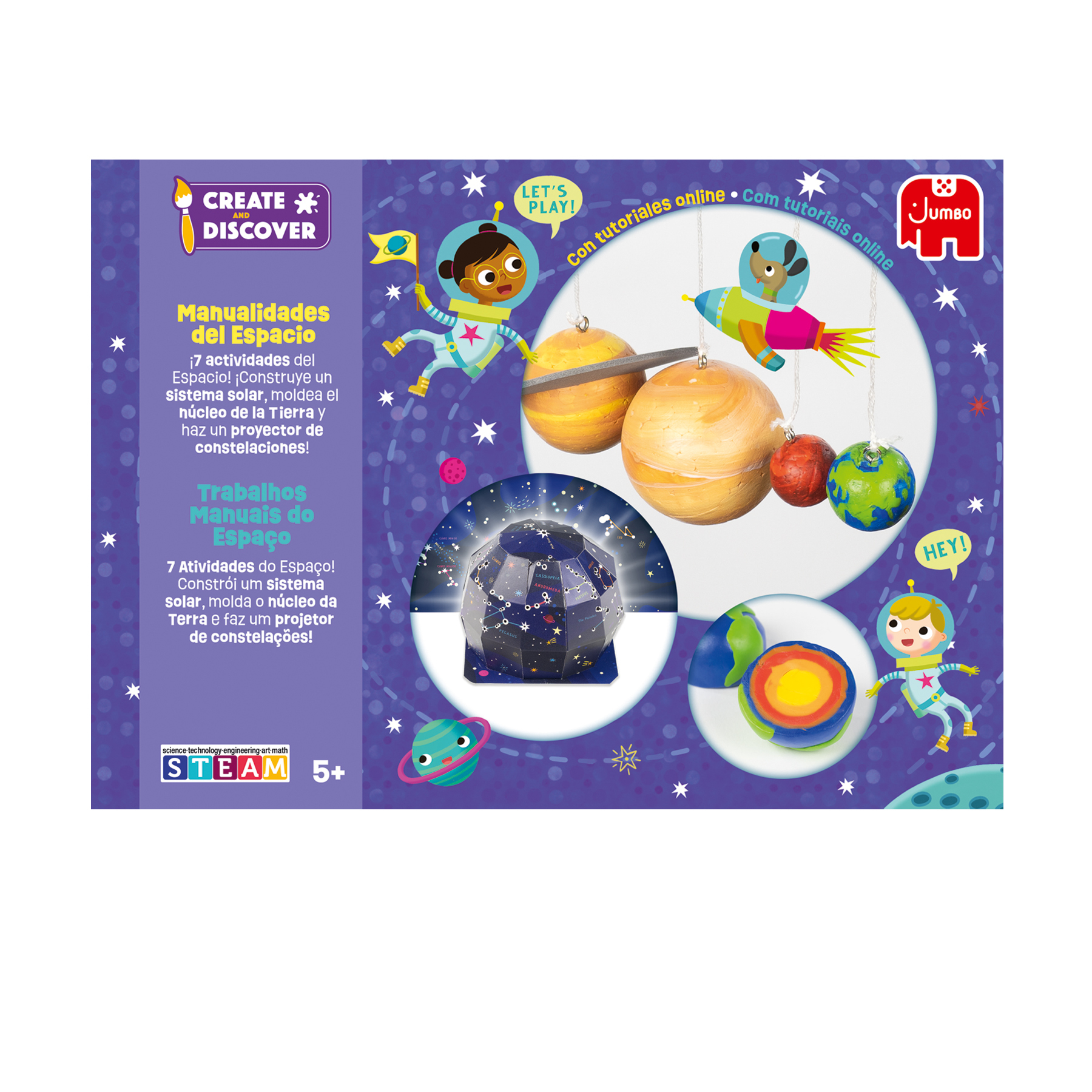 Ilustración de componentes del kit de manualidades con temática espacial, incluidos planetas, una cúpula estrellada y astronautas. Fondo blanco.