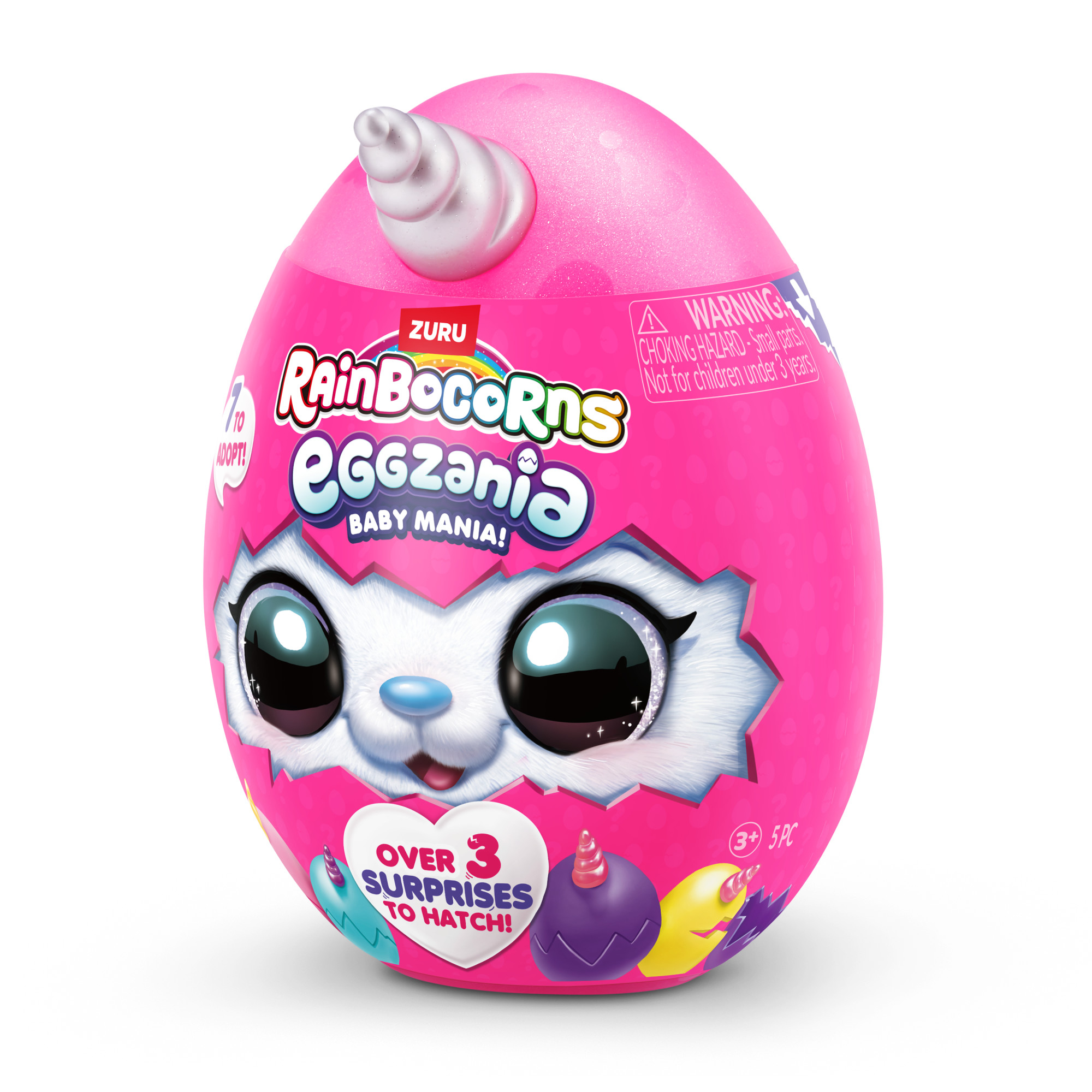 Różowa zabawka w kształcie jaja z twarzą jednorożca. Ponad 3 niespodzianki. Białe tło.