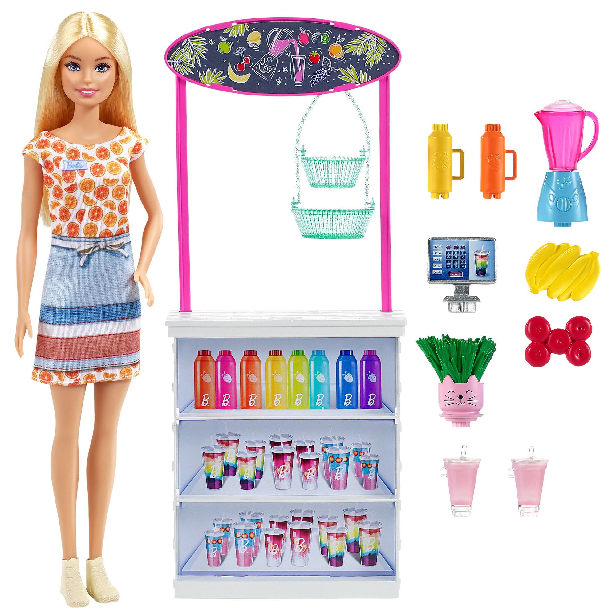 Eine Barbie-Puppe steht hinter einem Saftstand. Es gibt Saftflaschen, Getränke und Obst.