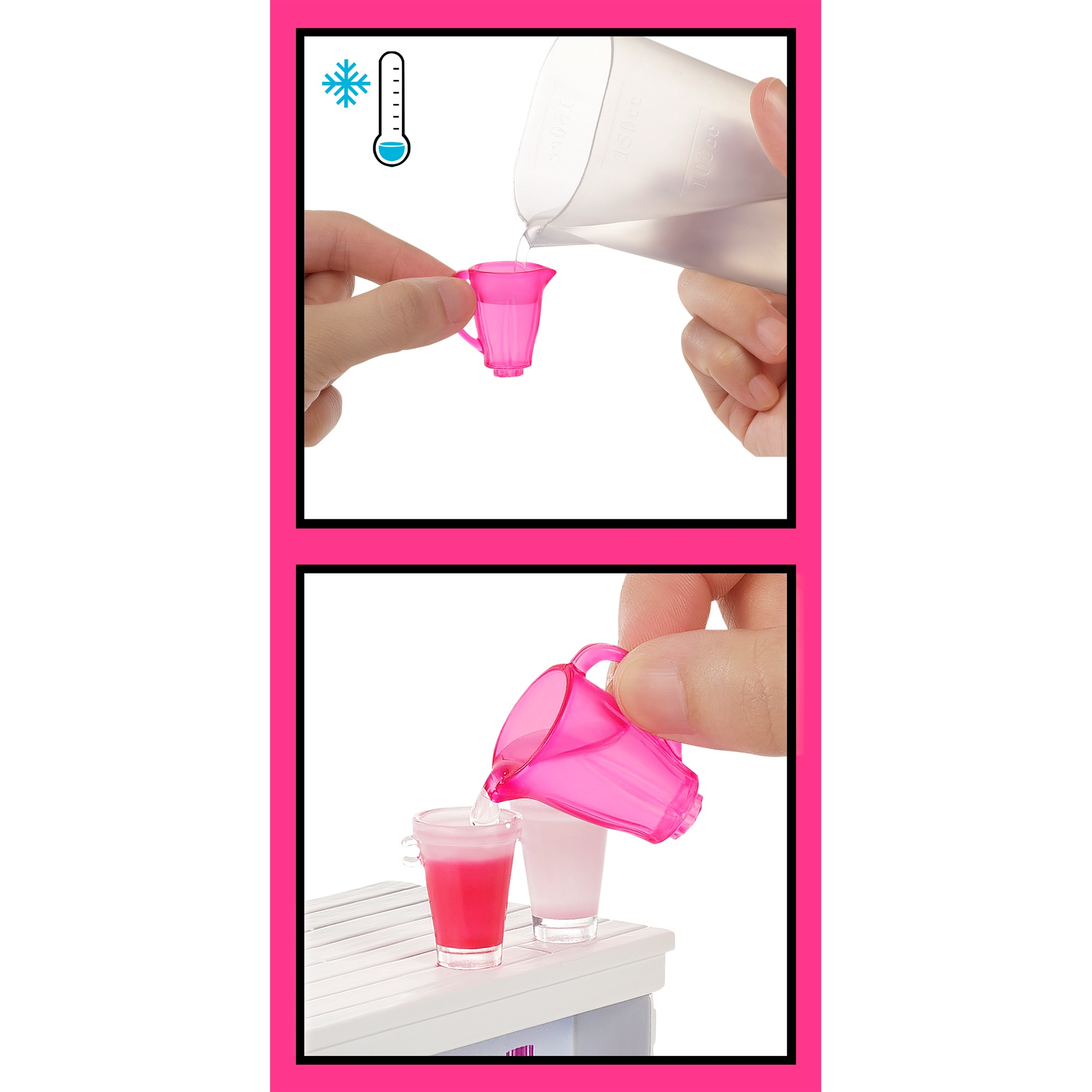 Zwei Bilder zeigen ein Spielzeug mit Wasser und farbiger Flüssigkeit.