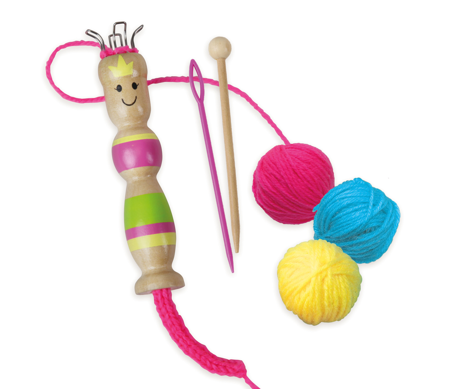Zestaw do robienia na drutach z drewnianą lalką w różowe i zielone paski, igłą, przędzą i drutami do robienia na drutach.