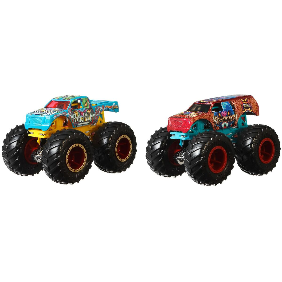 Dwa monster trucki obok siebie. Jeden jest niebiesko-żółty, drugi brązowo-czerwony.