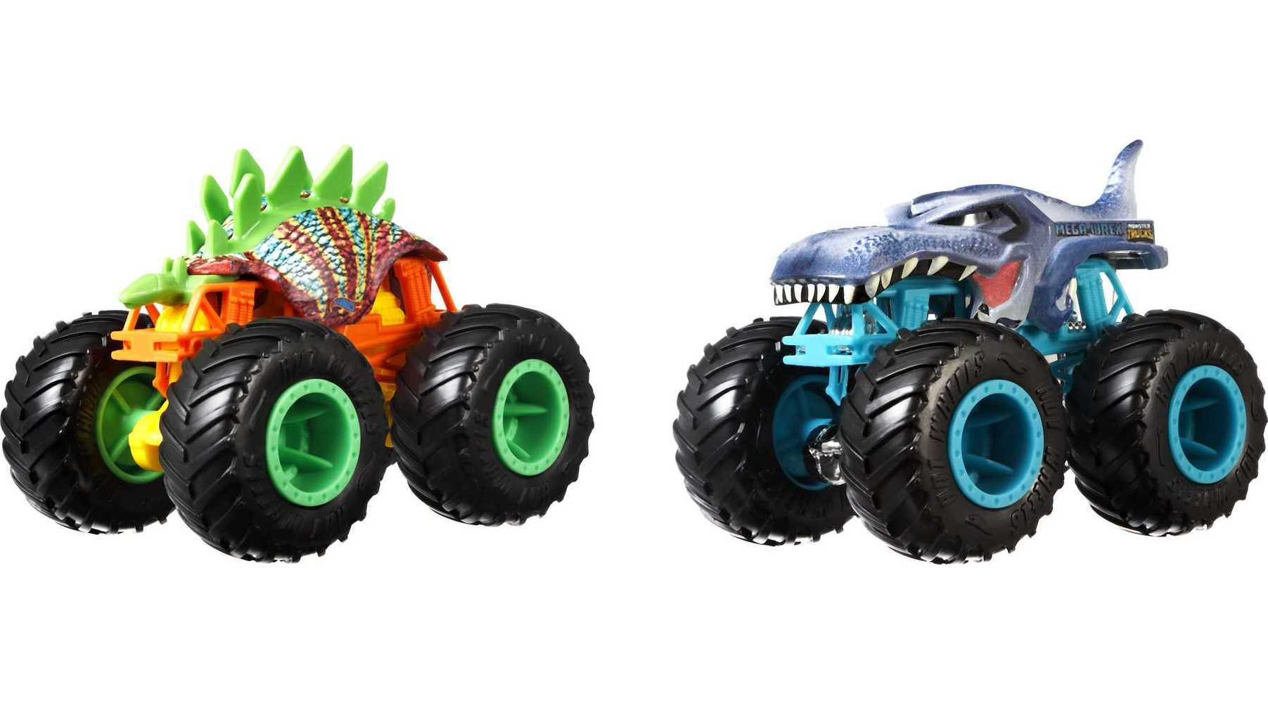 Dwa monster trucki. Motyw dinozaura i rekina. Pomarańczowy i niebieski. Zielone i niebieskie koła.
