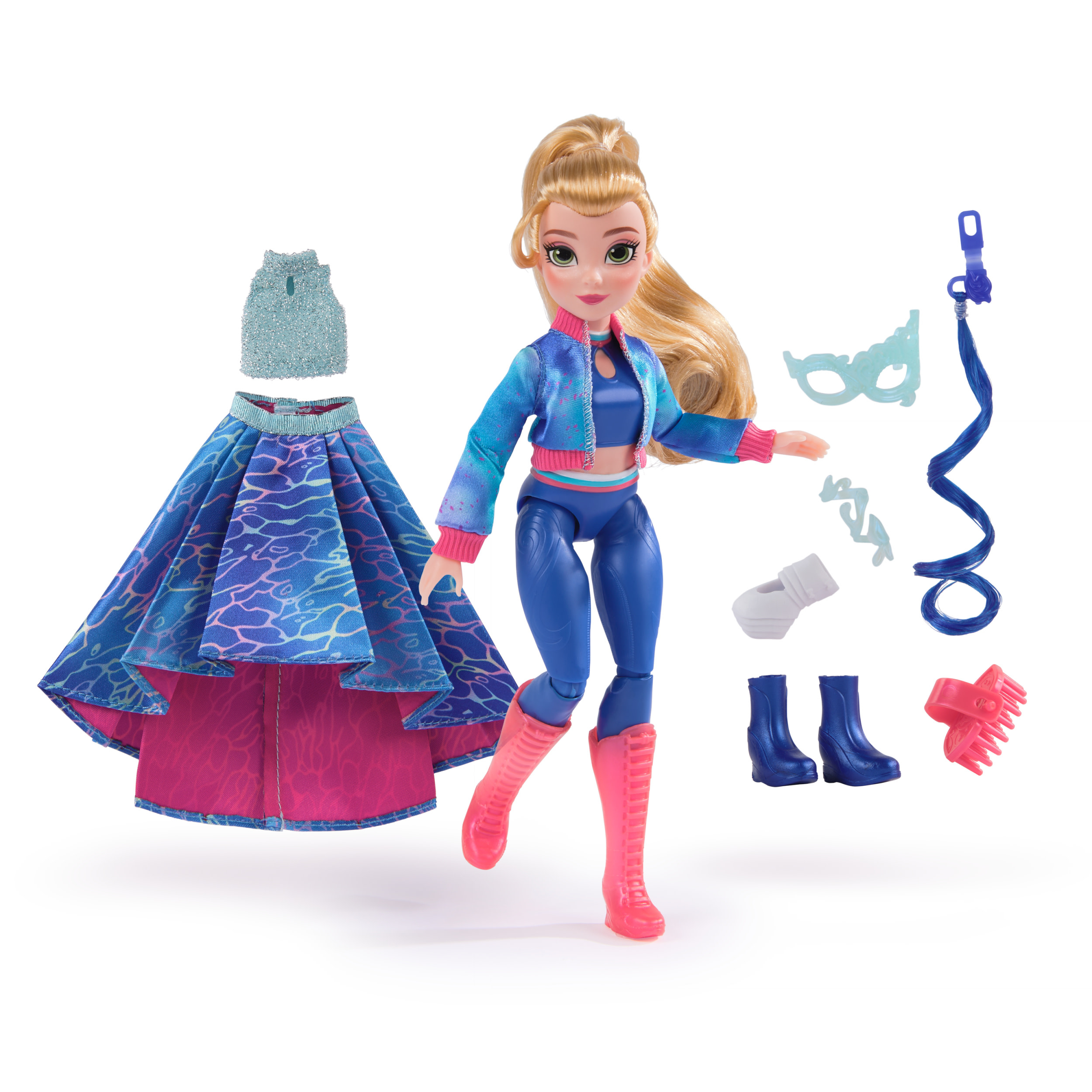 Una muñeca con cabello rubio y múltiples accesorios de ropa, incluyendo botas y una máscara.
