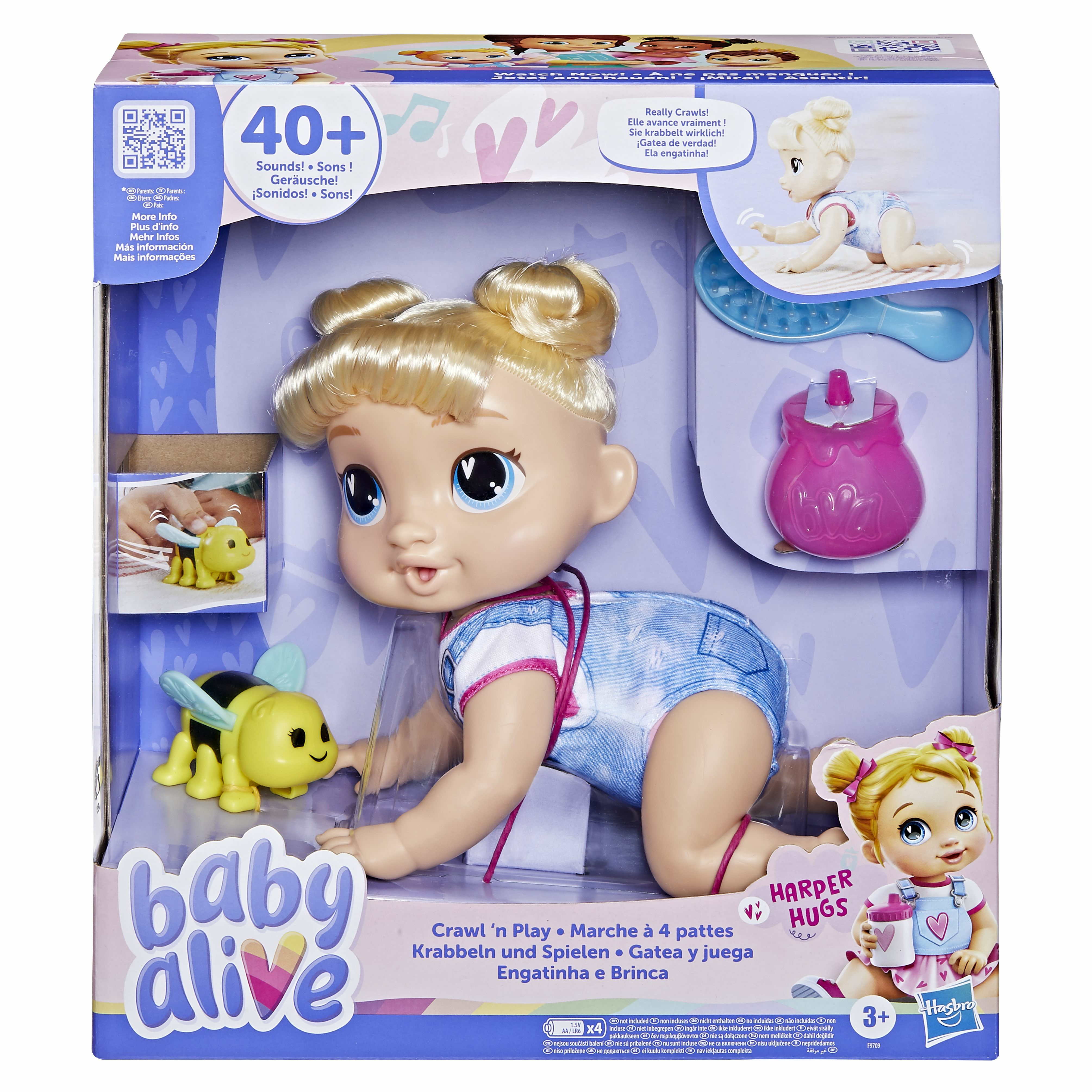 Lalka Baby Alive w pudełku, pełzająca z akcesoriami.