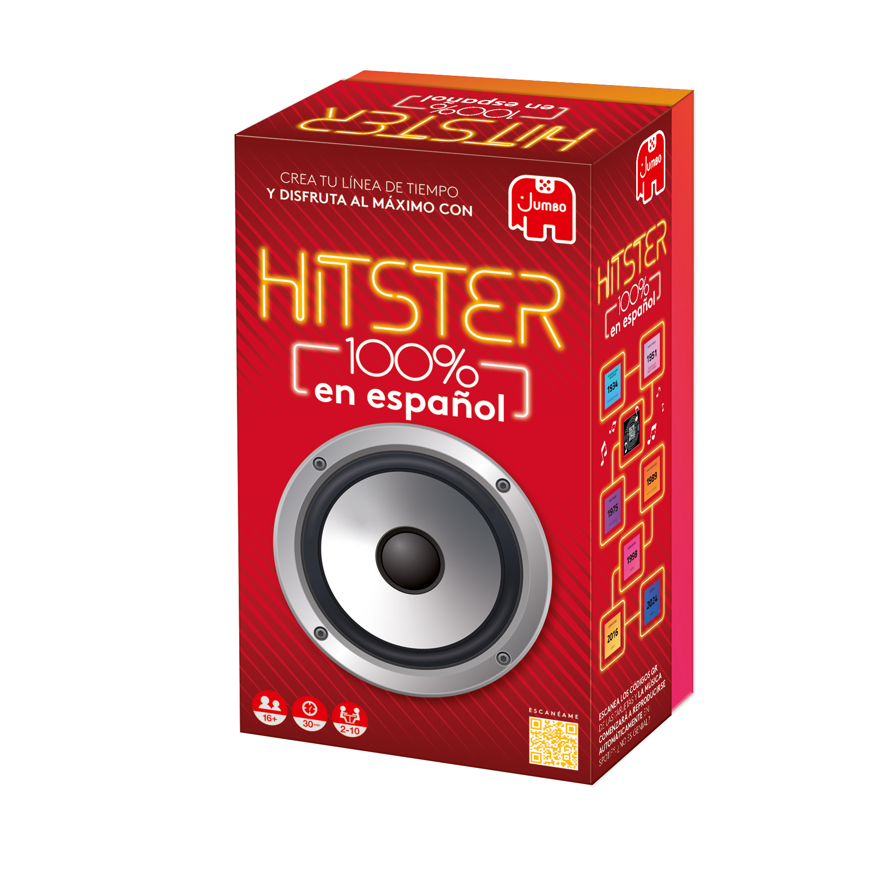 Una caja roja con texto blanco. Tiene una ilustración de altavoz y un logotipo de Jumbo.