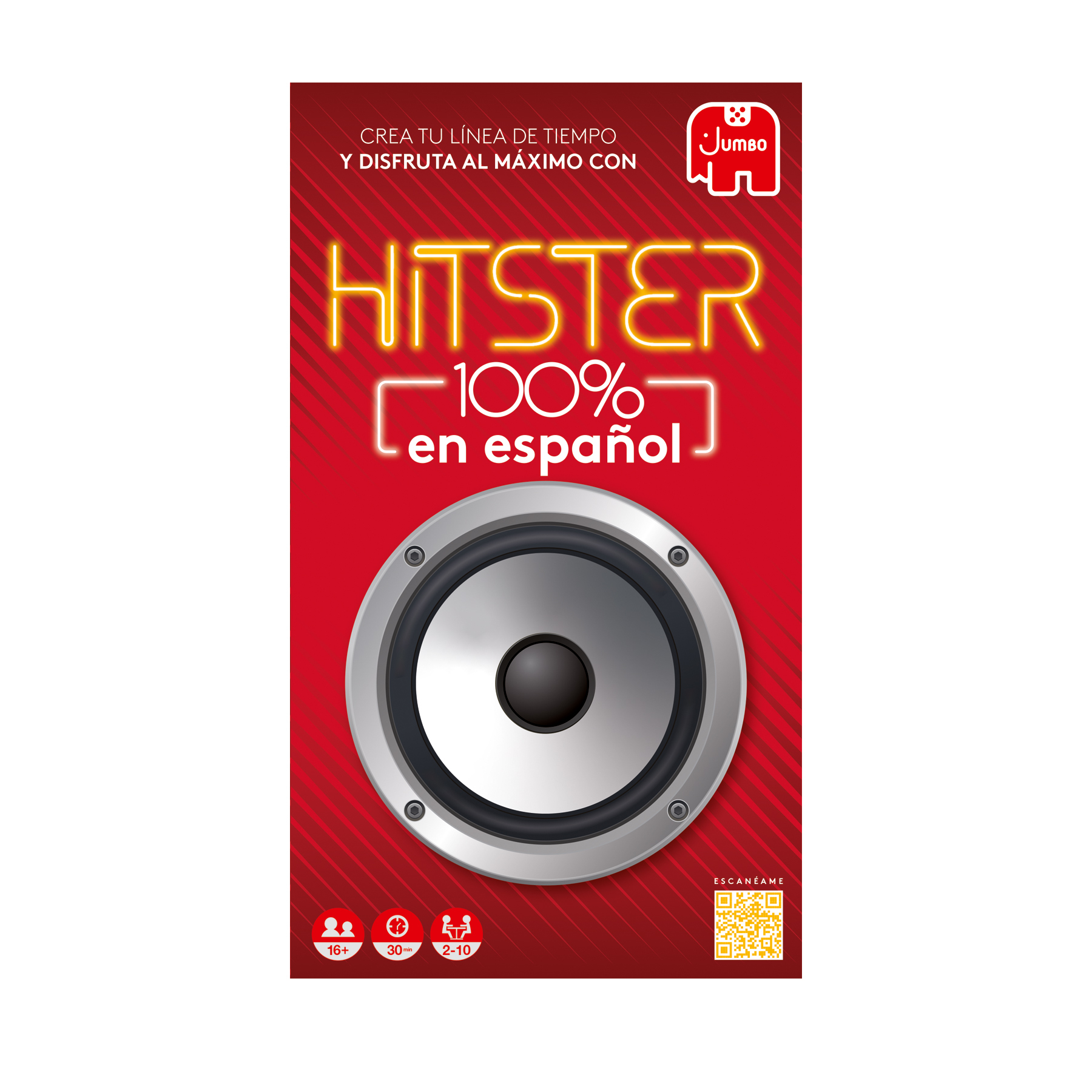 Un póster rojo con texto blanco, una ilustración de altavoz y el logotipo de Jumbo.