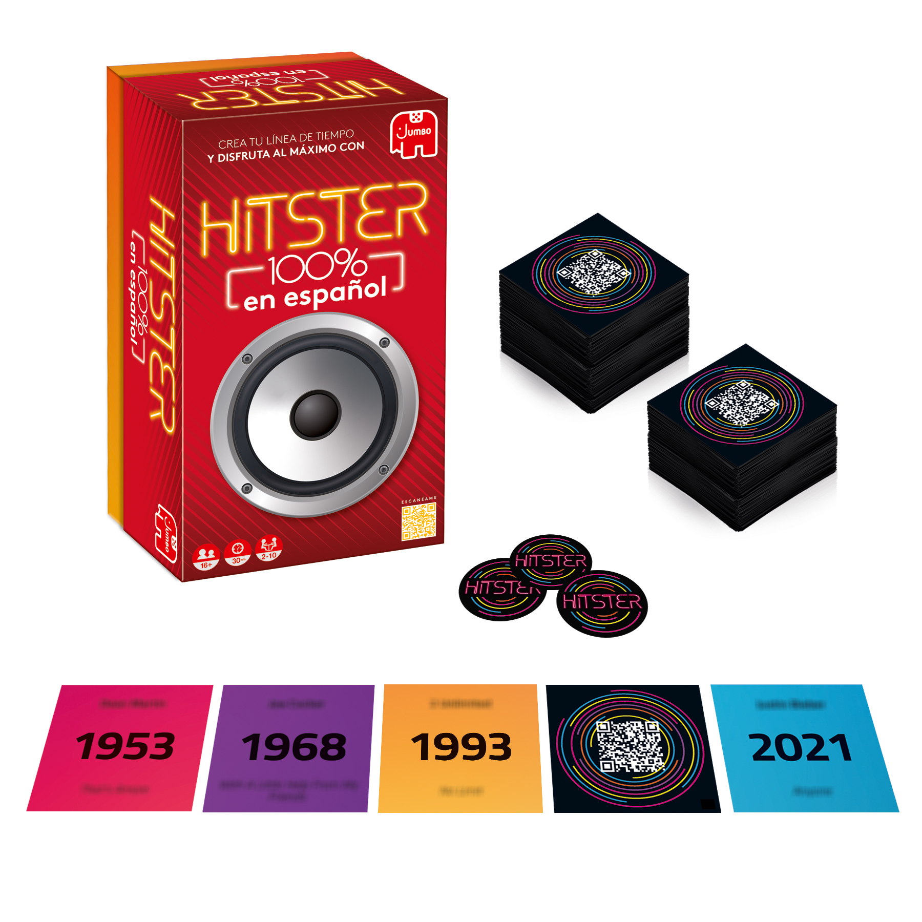 Juego de mesa 'Hitster' en español, con cartas y discos. Incluye los años 1953, 1968, 1993 y 2021.