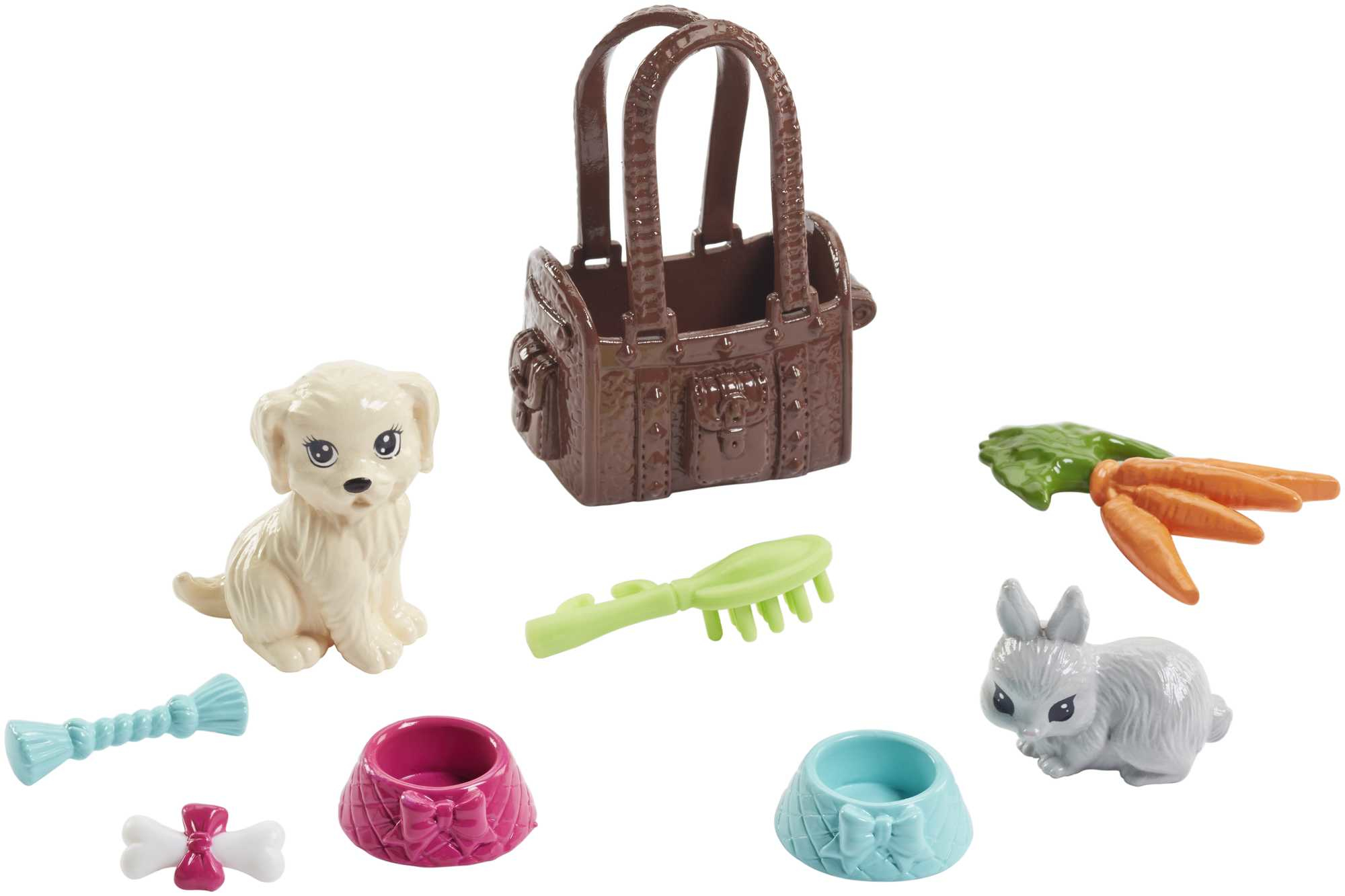 Ein Hund, ein Hase und eine Haustiertasche mit Zubehör. Enthält Futternäpfe, Knochen, Bürste und Karotten.