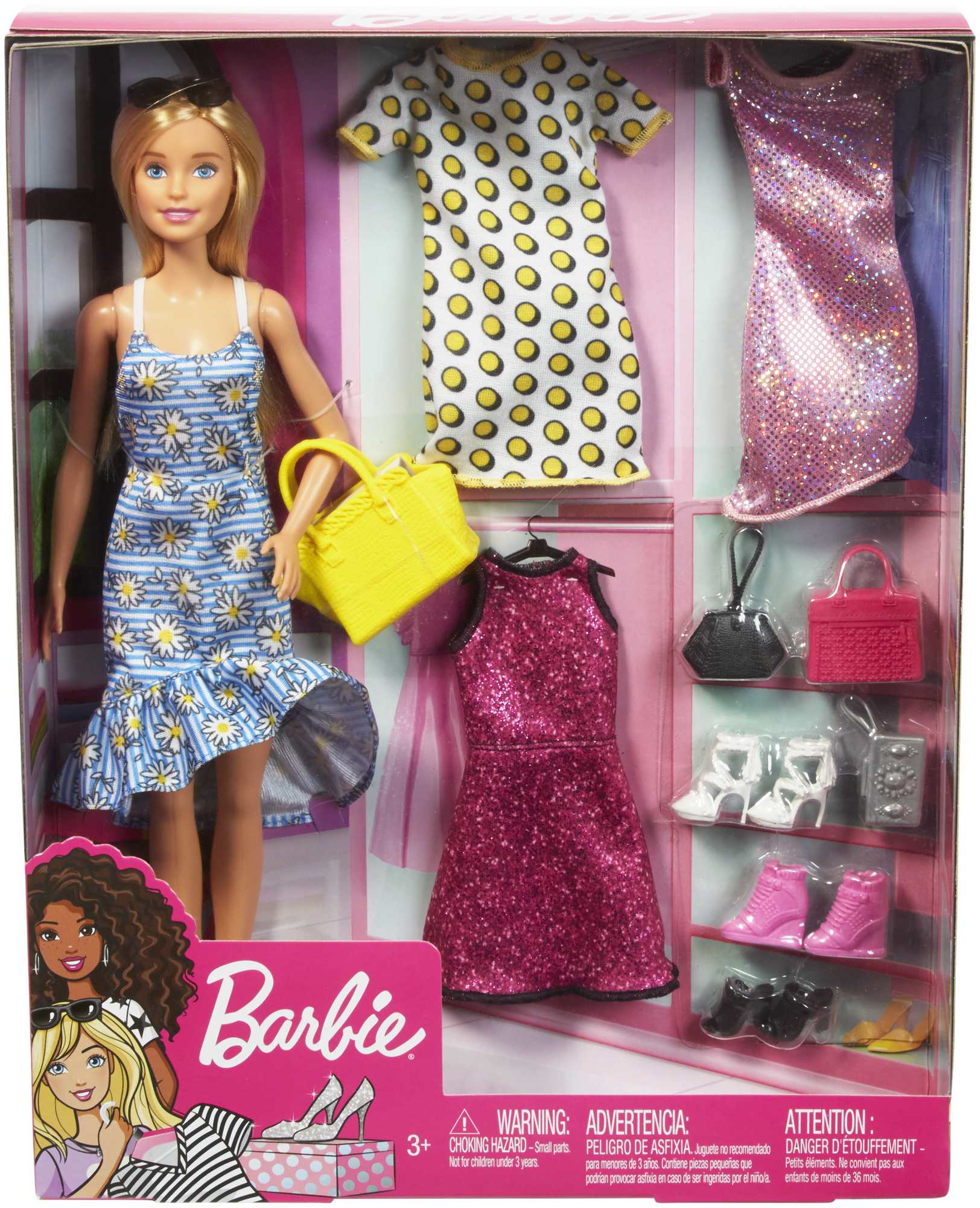 Eine Barbie-Puppe in einer Display-Box. Mehrere Outfits und Accessoires werden gezeigt. Weißer Hintergrund.