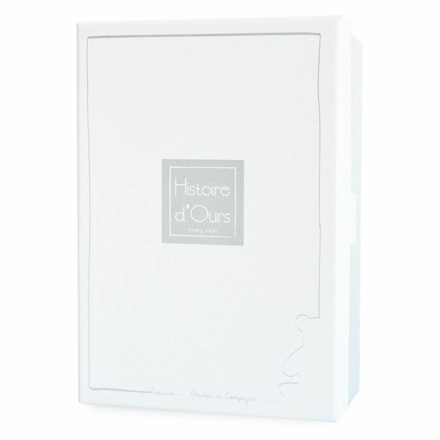 Białe pudełko z napisem Histoire d'Ours. Tło jest białe.