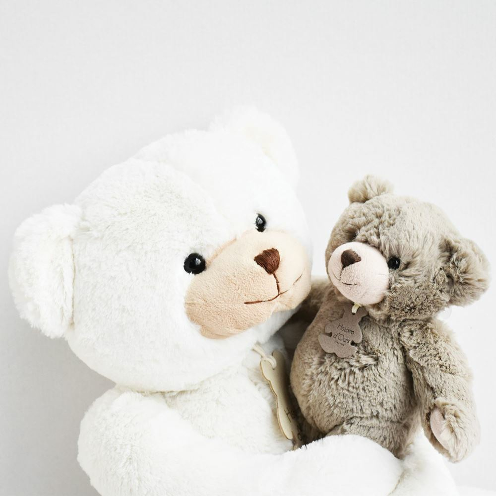 Dwa misie, duży biały obejmujący mniejszego brązowego, na białym tle.