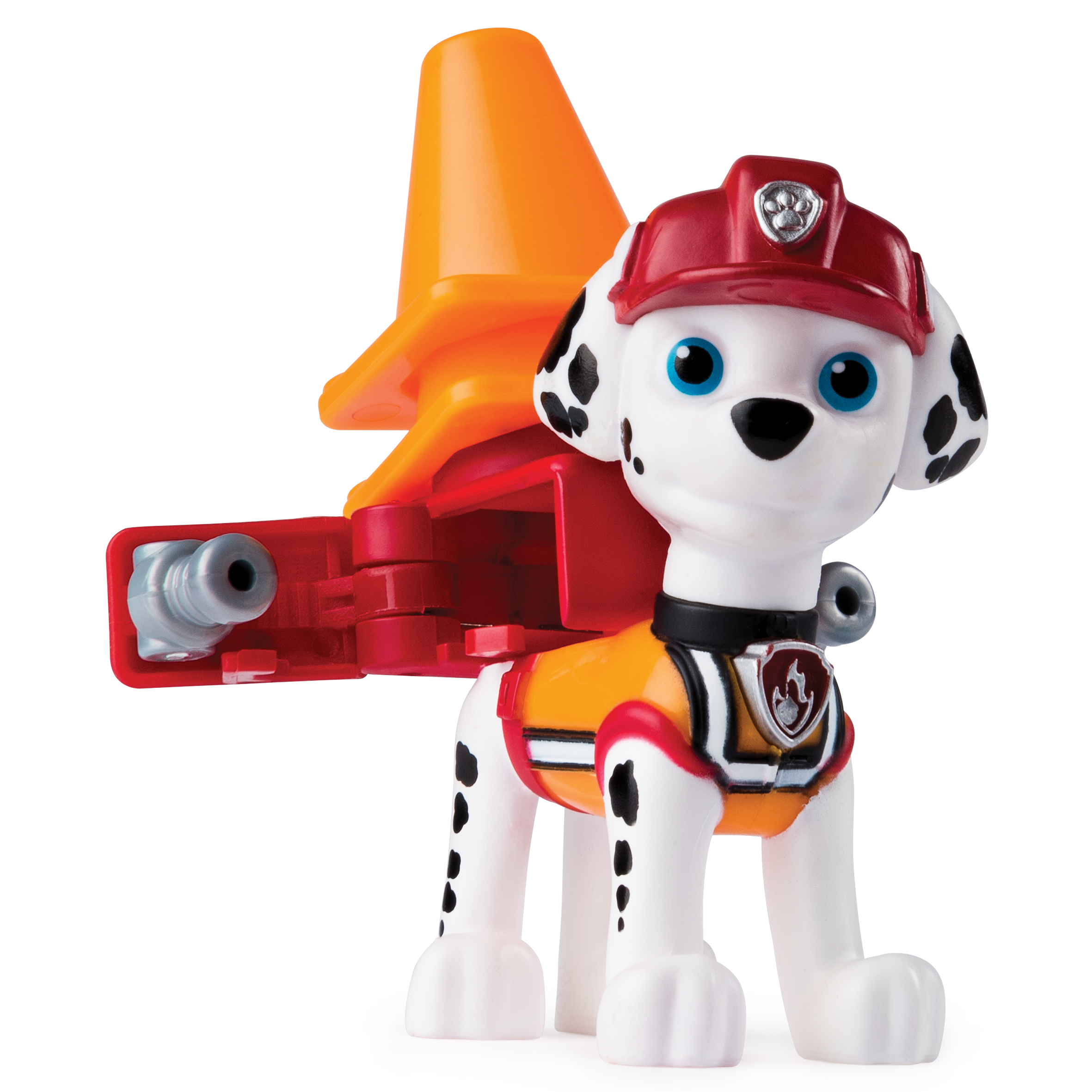 Marshall, un cane bianco in uniforme da pompiere, con un jetpack e un cono arancione.