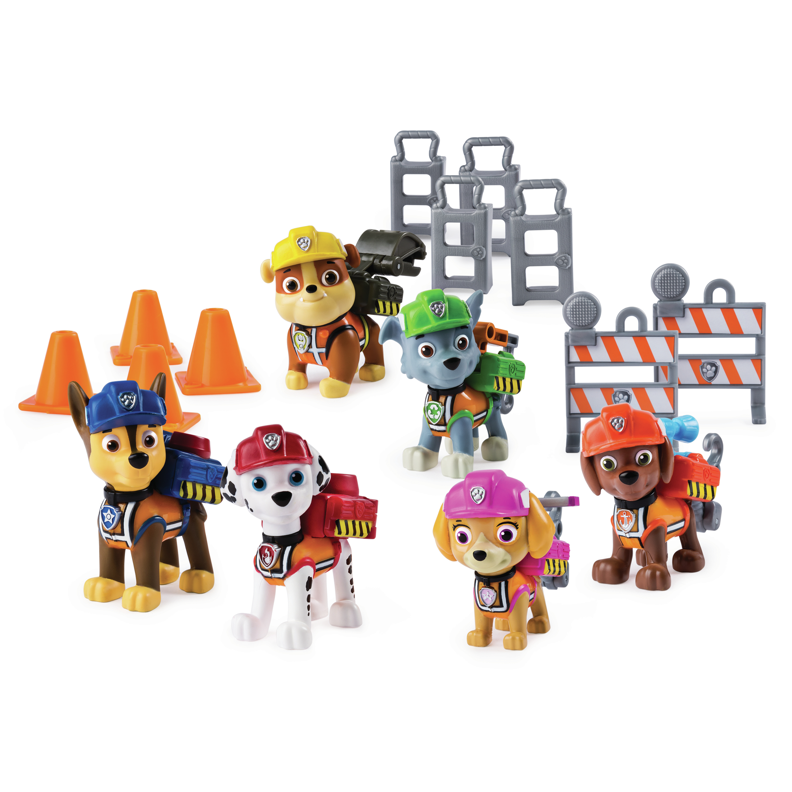 Set di giocattoli di Paw Patrol con sei figure di cani che indossano attrezzatura da costruzione e coni arancioni.