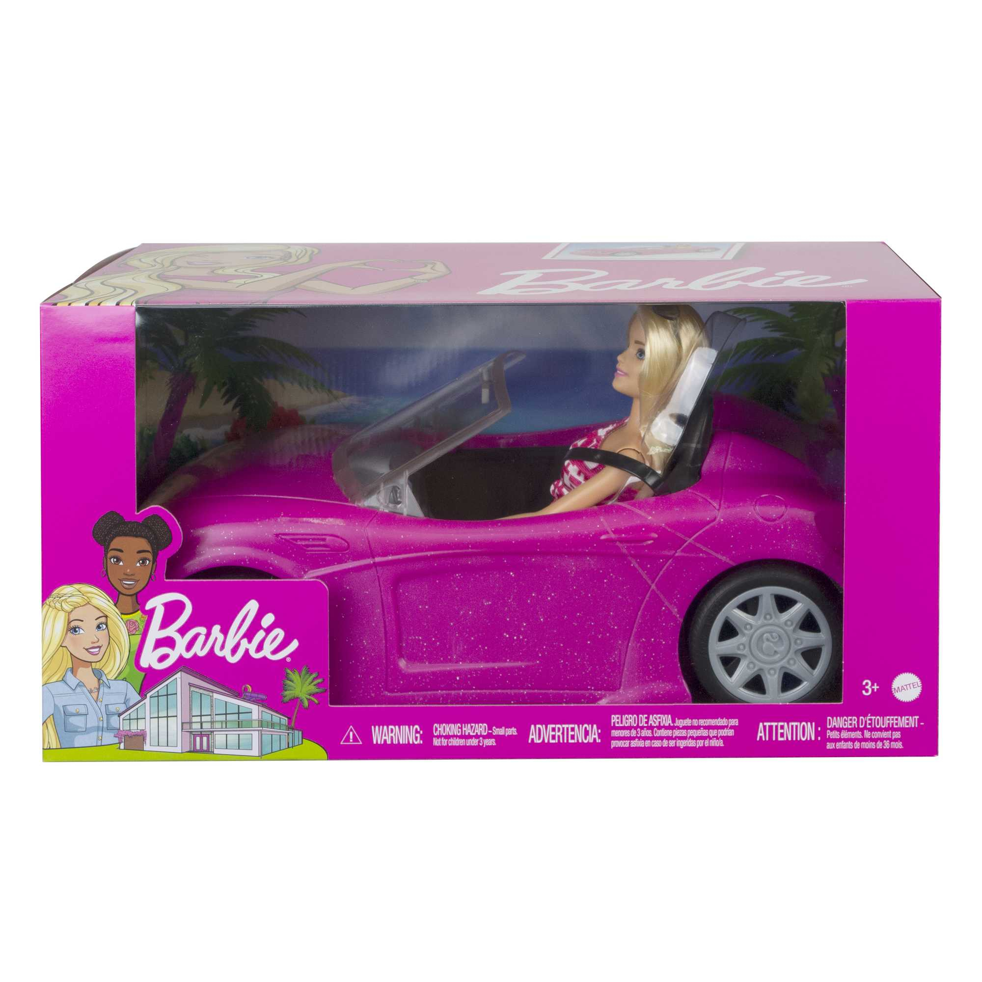 Lalka Barbie w różowym kabriolecie, w różowym pudełku. Widoczne palmy w tle.
