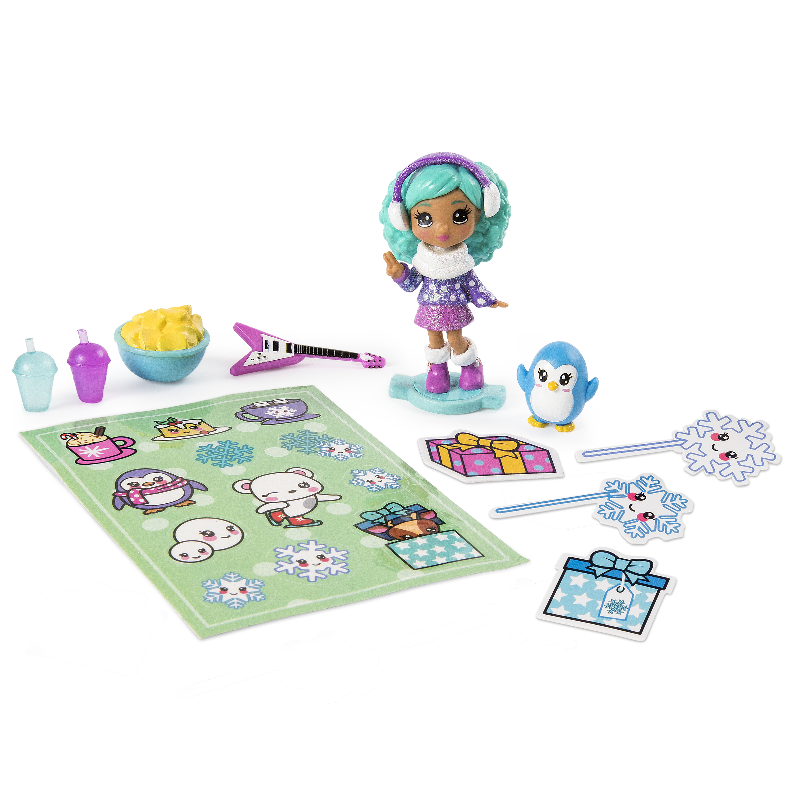 Puppen-Set mit Mädchen, Pinguin und Aufklebern. Hintergrund: weiß.
