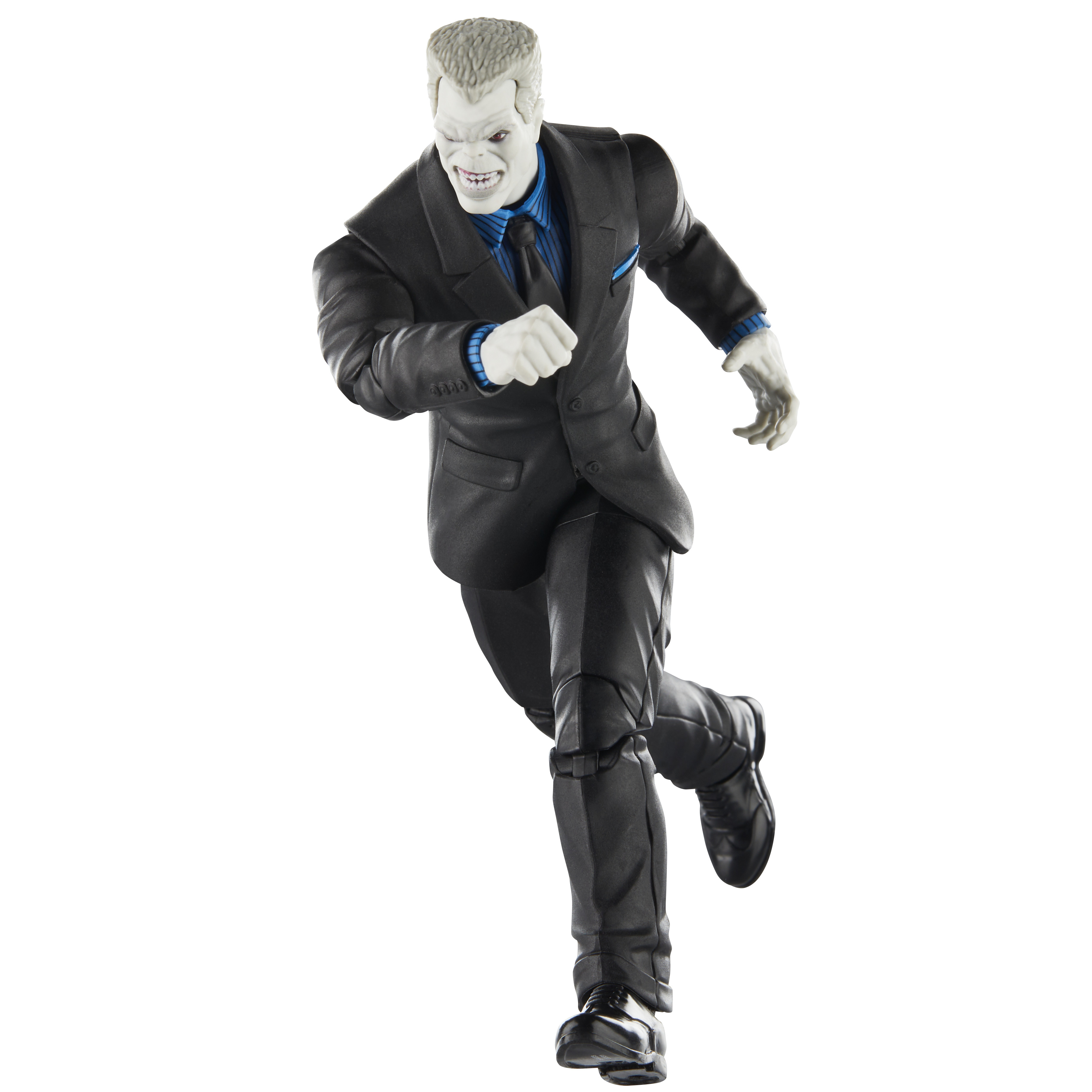 Figurka mężczyzny o bladej karnacji w czarnym garniturze, niebieskiej koszuli i czarnym krawacie. Biegnie.