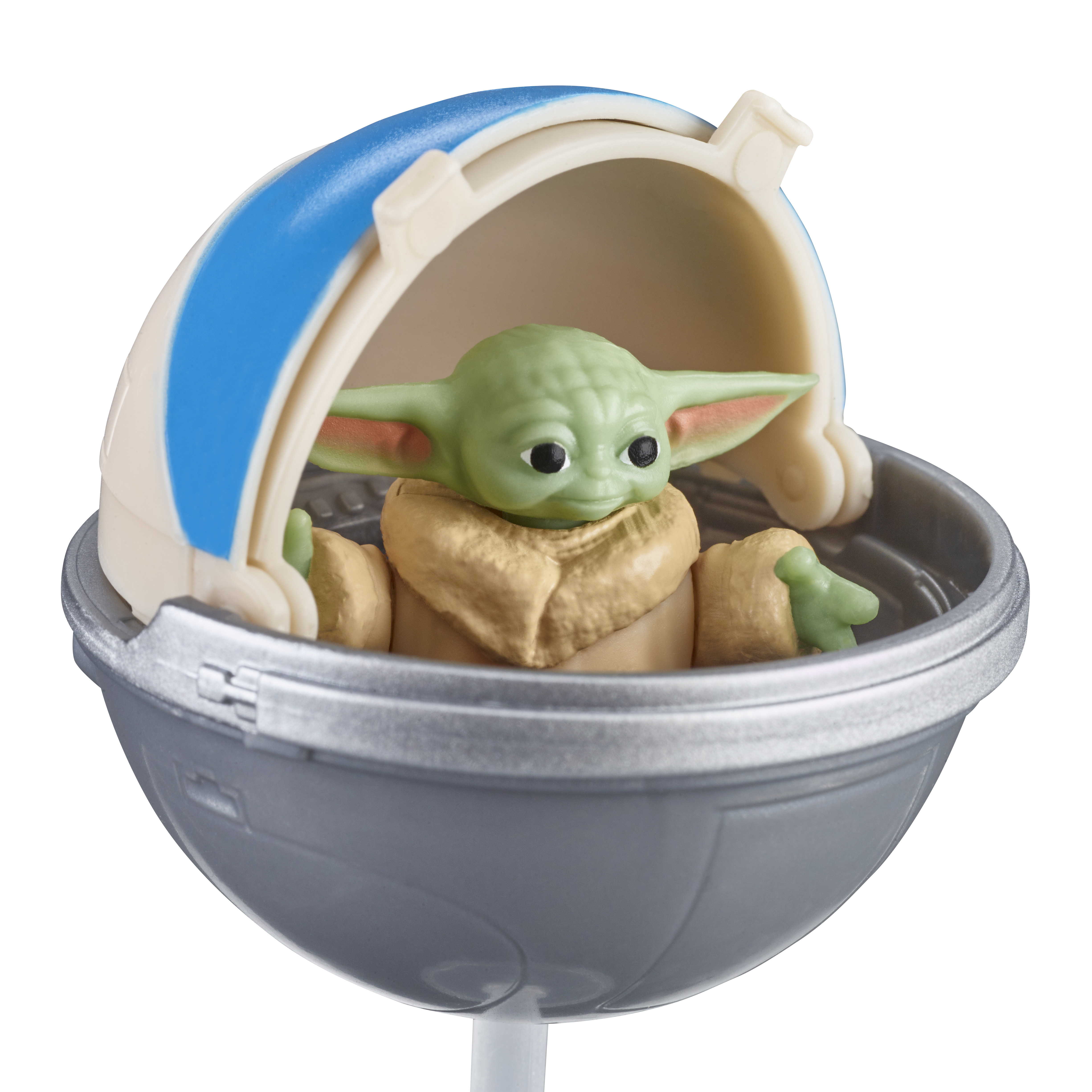 Zabawka Baby Yoda w kołysce, z niebiesko-białą górą i szarą podstawą.