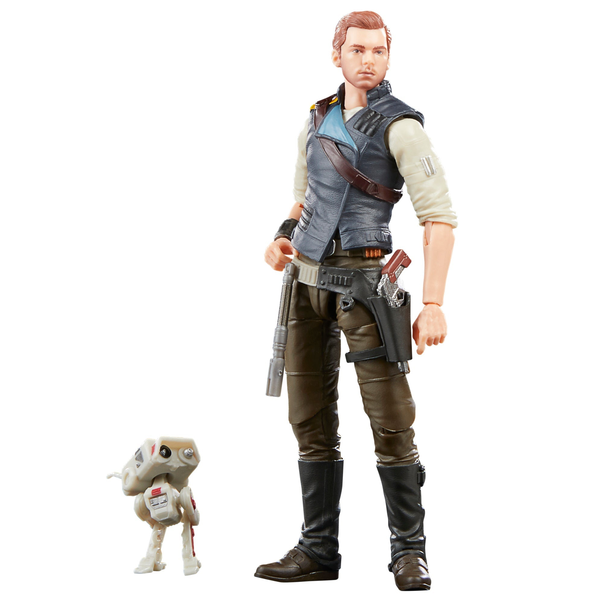 Action figure di un uomo in gilet e stivali, che tiene una pistola, con un robot bianco, su sfondo bianco.