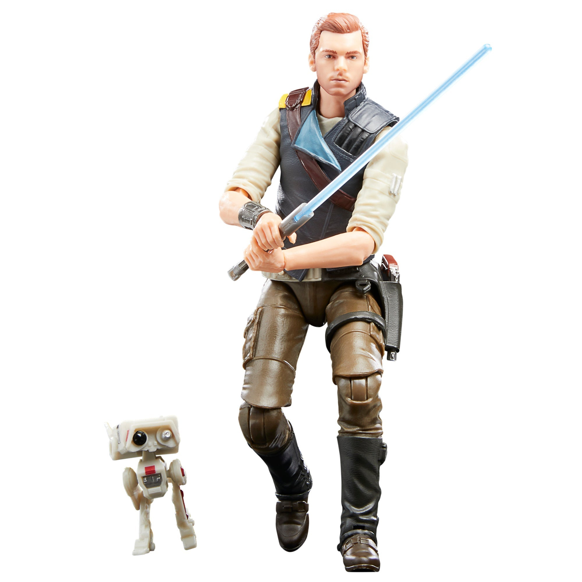 Figura di Star Wars Jedi Cal Kestis con spada laser e un droide, su sfondo bianco.