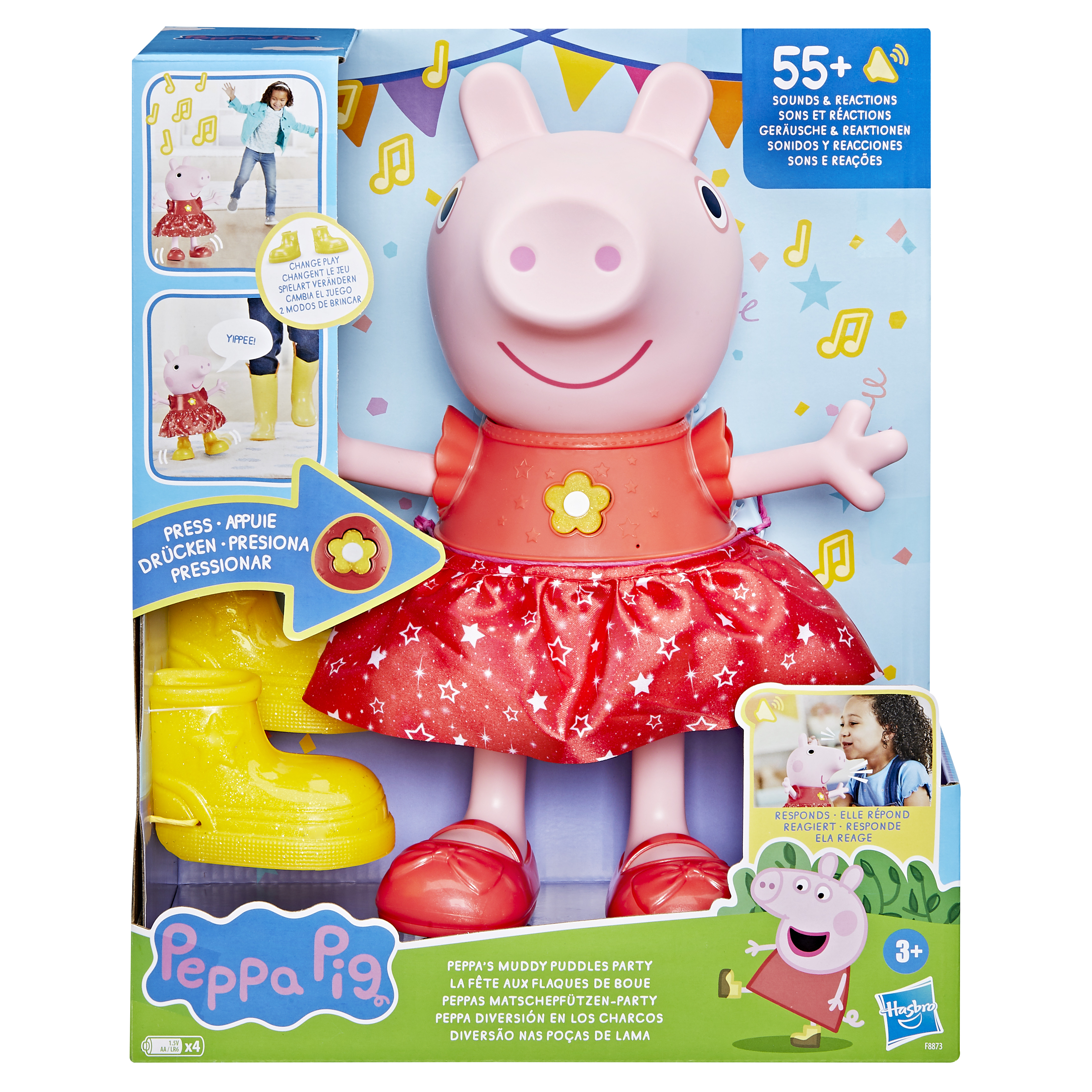 Juego de Peppa Pig's Muddy Puddles Party. En caja, con figura de Peppa Pig, botas amarillas y accesorios.