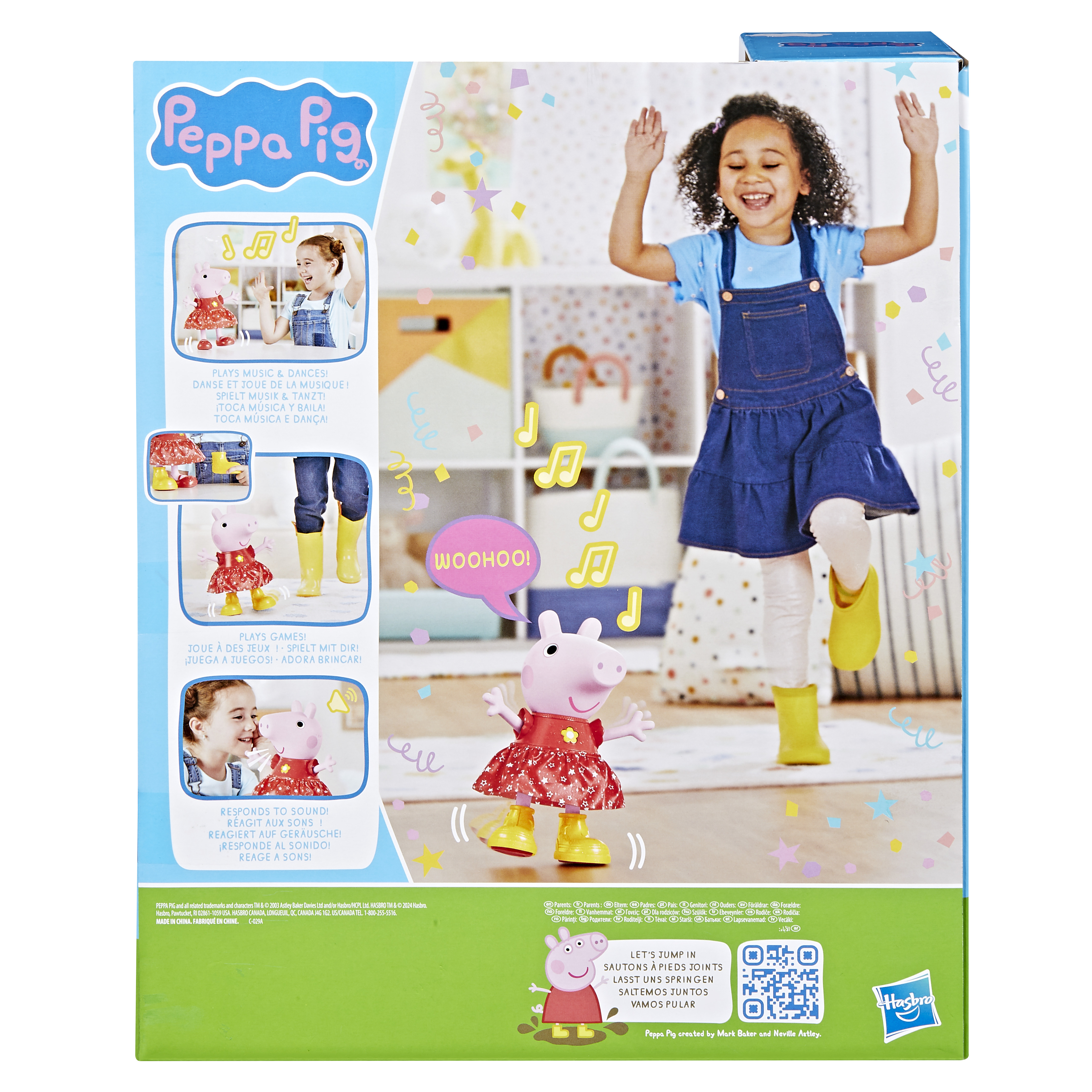 Juguete de Peppa Pig, con una niña mirándolo. Fondo con texto y habitación.