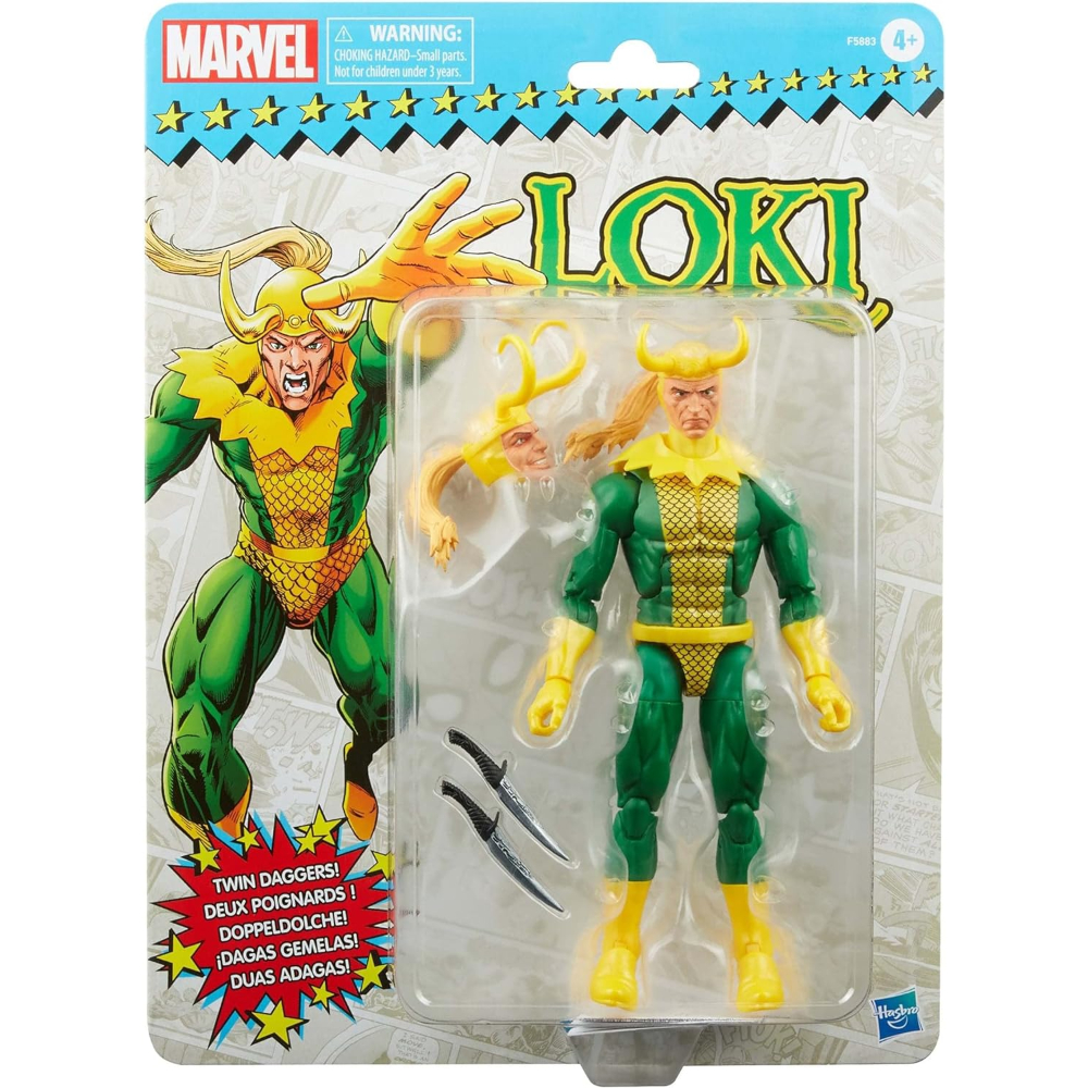 Action figure di Loki nella confezione. Abito verde e giallo, tiene un pugnale.