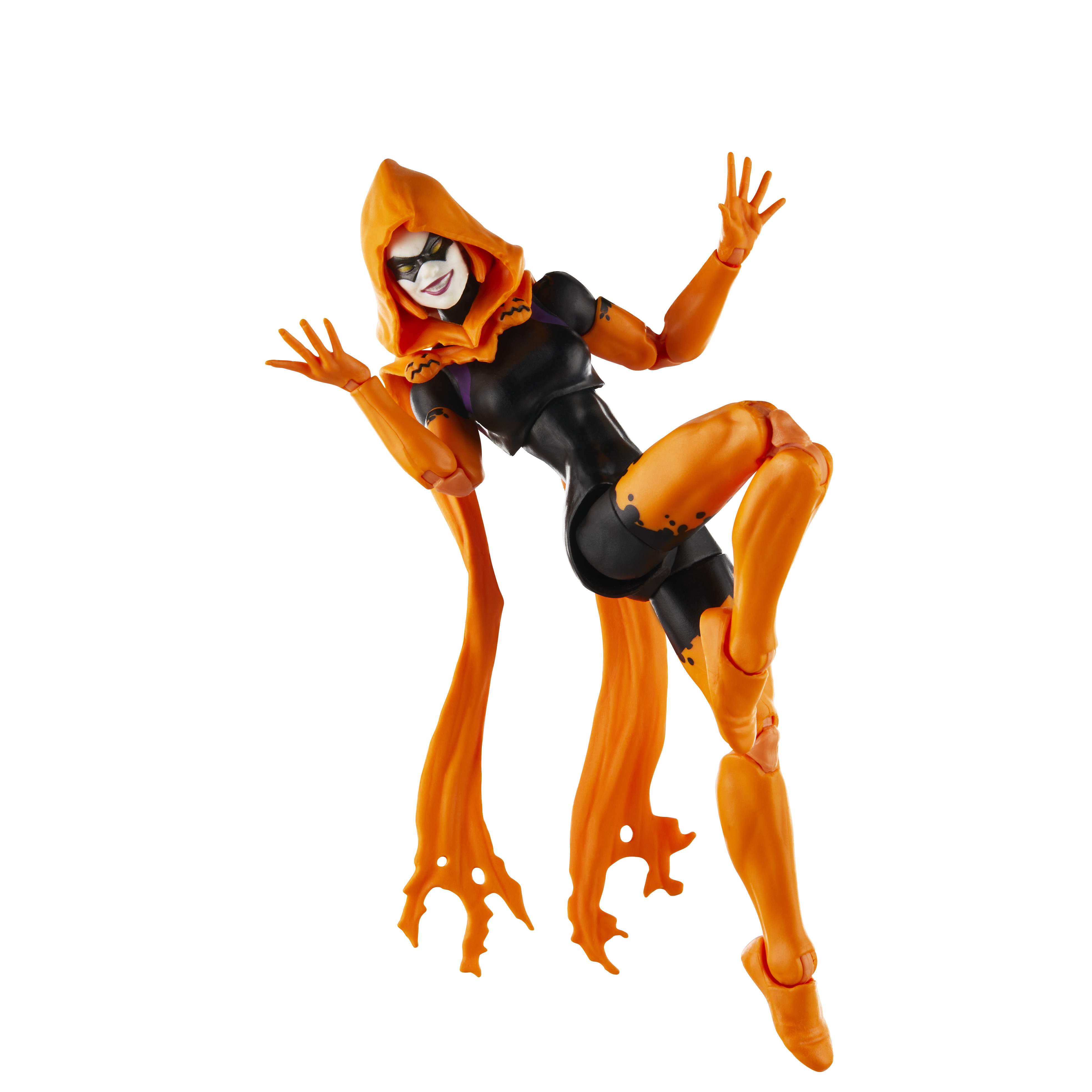 Action figure: personaggio con cappuccio arancione in posa d'azione. Sfondo bianco.