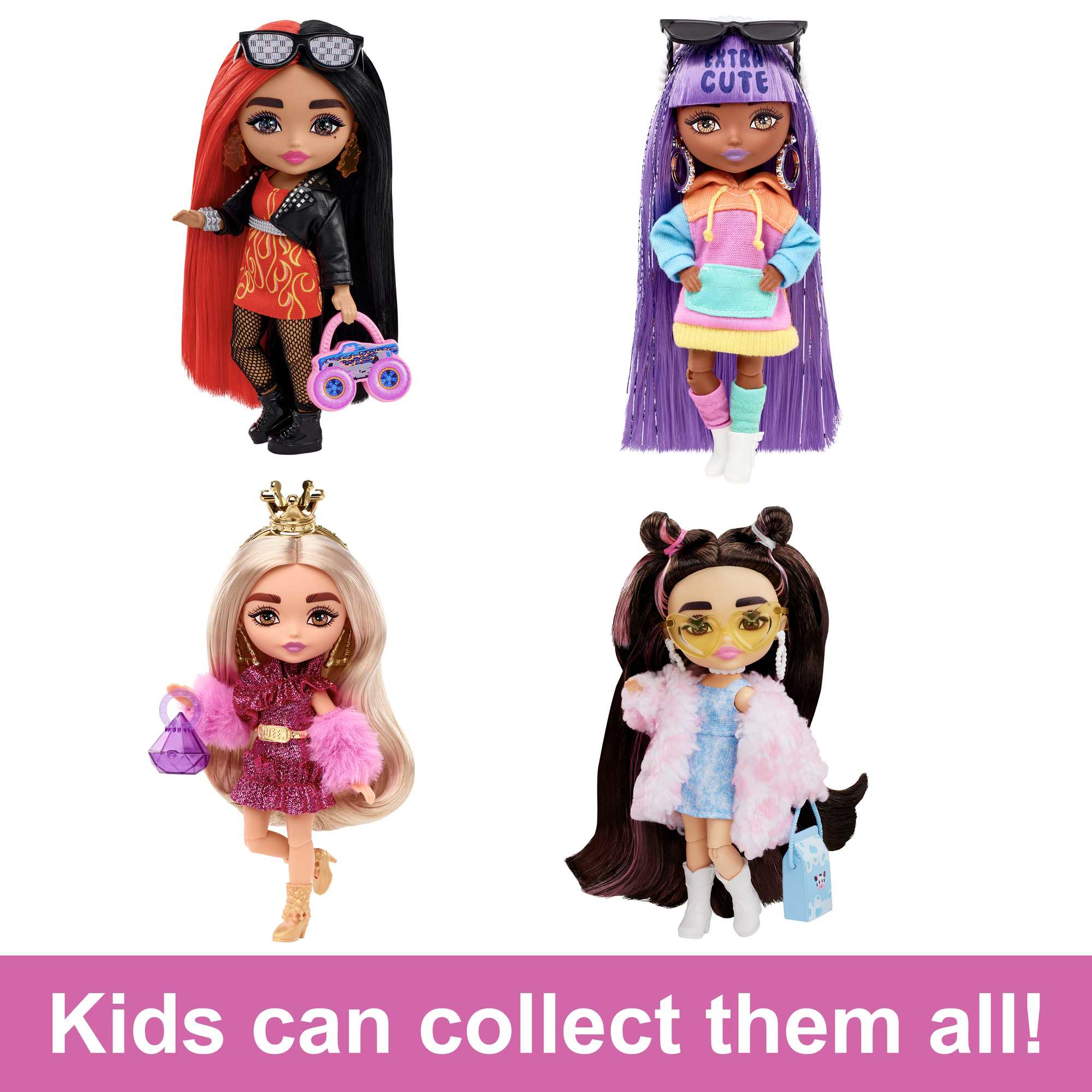Vier Modepuppen mit Zubehör und dem Text: 'Kids can collect them all!'